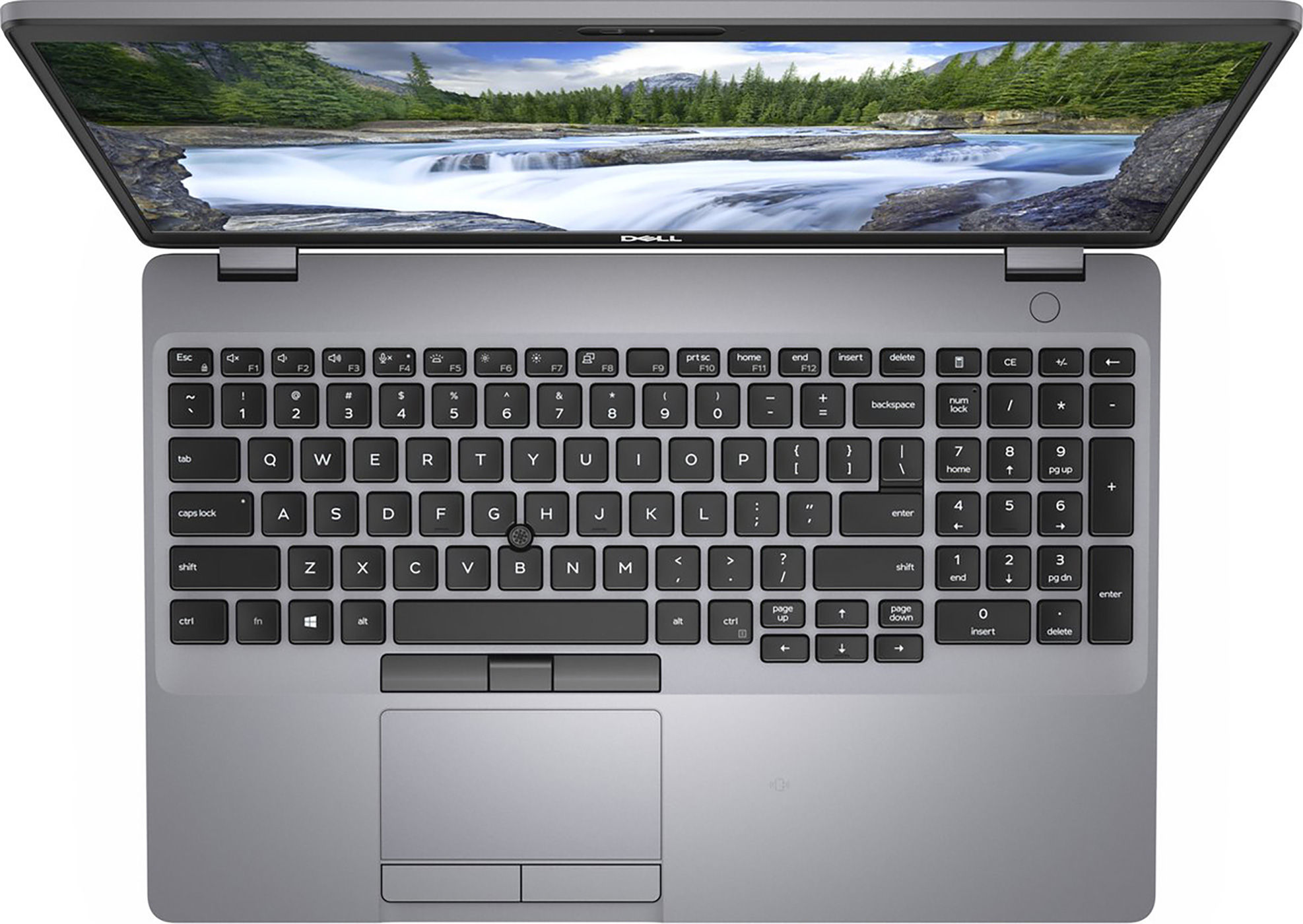 A Dell laptop with a screen displaying a landscape. The keyboard is visible below. Gray color.
