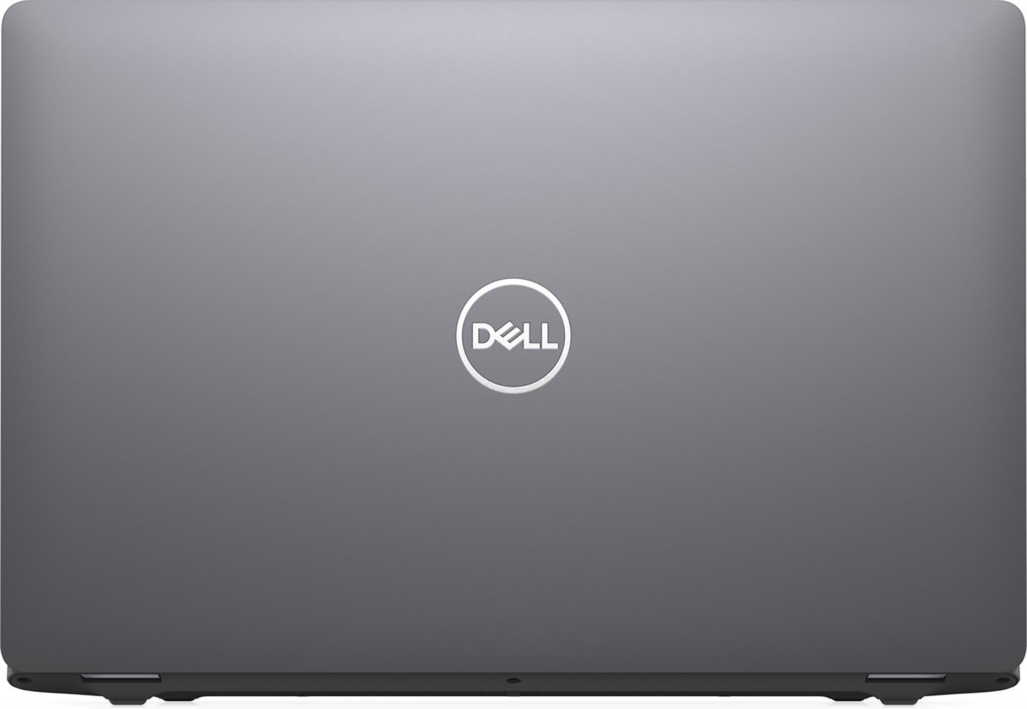 Closed gray Dell laptop. The Dell logo is in the center of the lid. The laptop is on a white background.