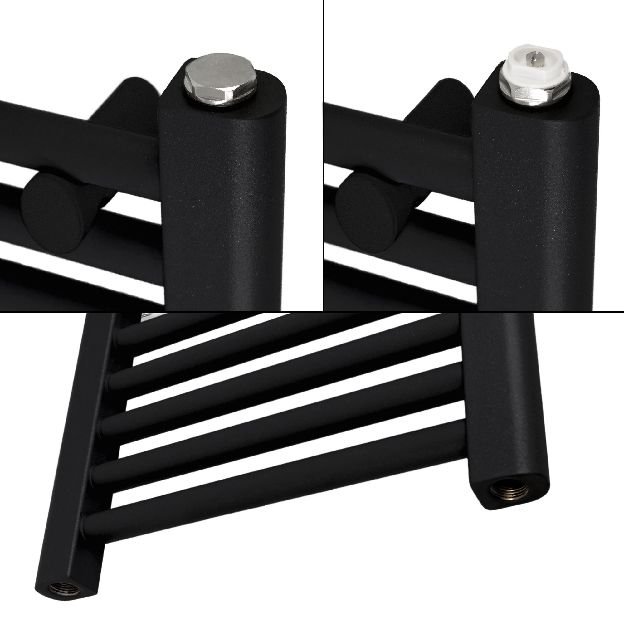 Schwarzer Heizkörper mit mehreren horizontalen Stangen. Nahaufnahmen zeigen Metallkappen und Anschlüsse vor weißem Hintergrund.