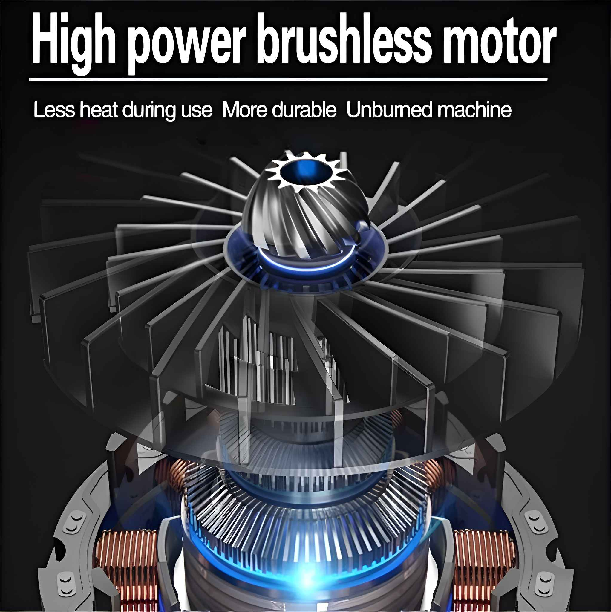 Gezeigt wird ein leistungsstarker bürstenloser Motor. Er hat eine fächerartige Struktur und einen blau beleuchteten Ring mit der Aufschrift 'Weniger Hitze, haltbarer'.