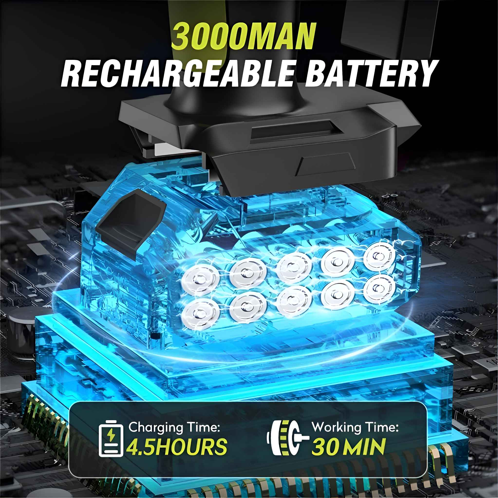 Das Bild zeigt einen 3000-mAh-Akku mit transparentem blauem Gehäuse. Zeigt eine Ladezeit von 4,5 Stunden und eine Arbeitszeit von 30 Minuten.