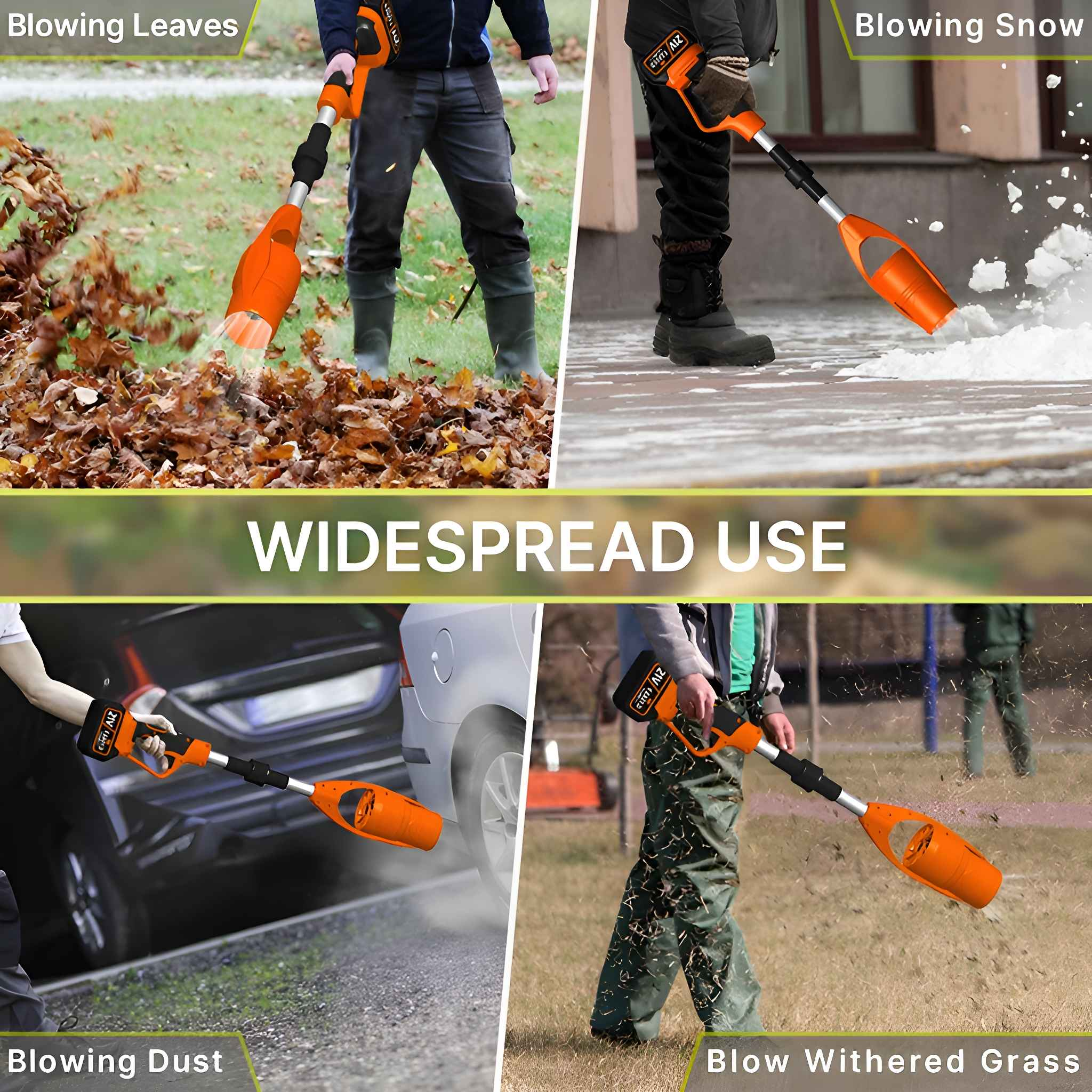 Das Bild zeigt ein Laubgebläse, mit dem Blätter, Schnee, Staub und verdorrtes Gras weggeblasen werden. Das Gebläse ist orange und schwarz.
