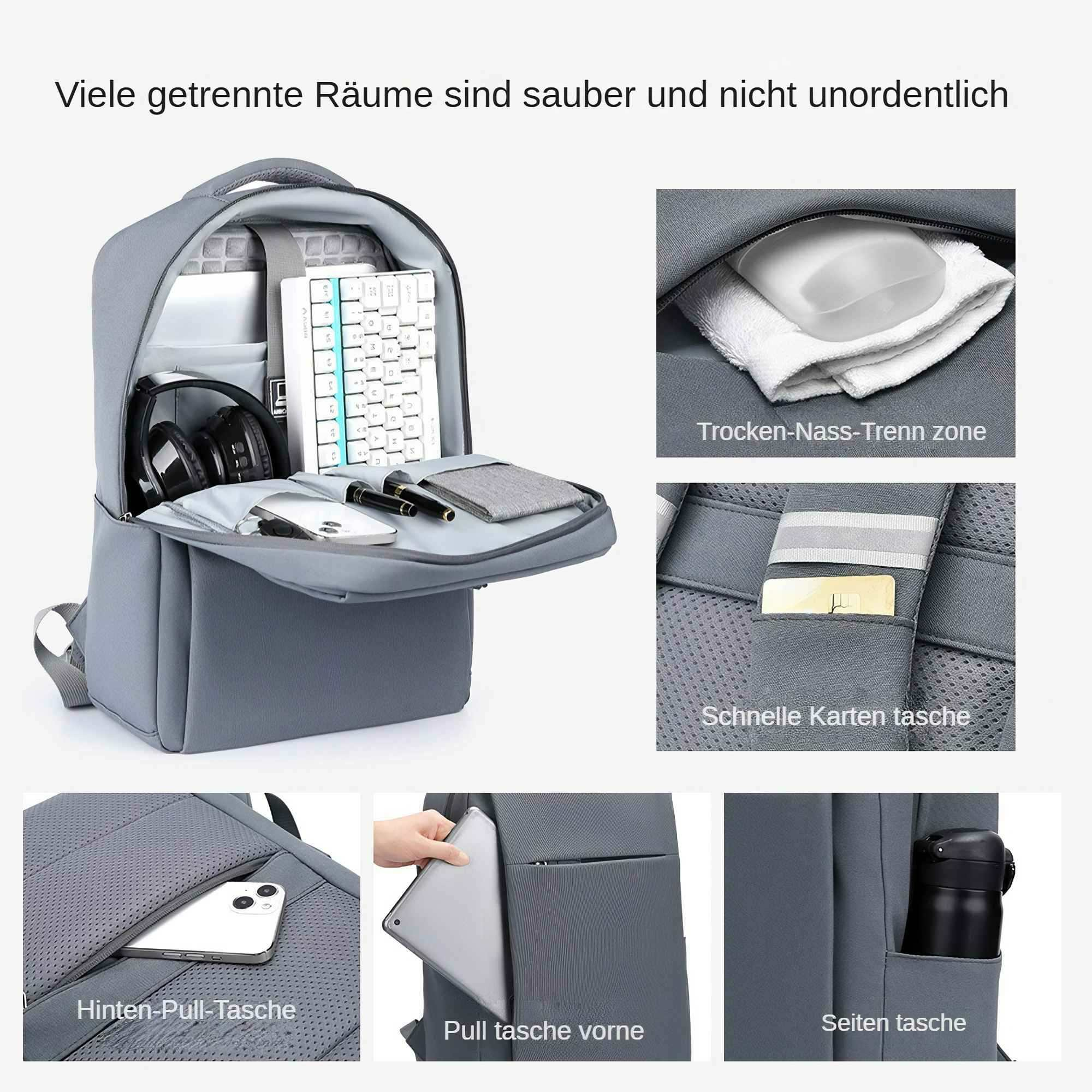 Grauer Rucksack mit mehreren Fächern. Er enthält eine Tastatur, Kopfhörer und eine Maus. Es gibt Taschen für Karten, Telefone und ein Tablet.