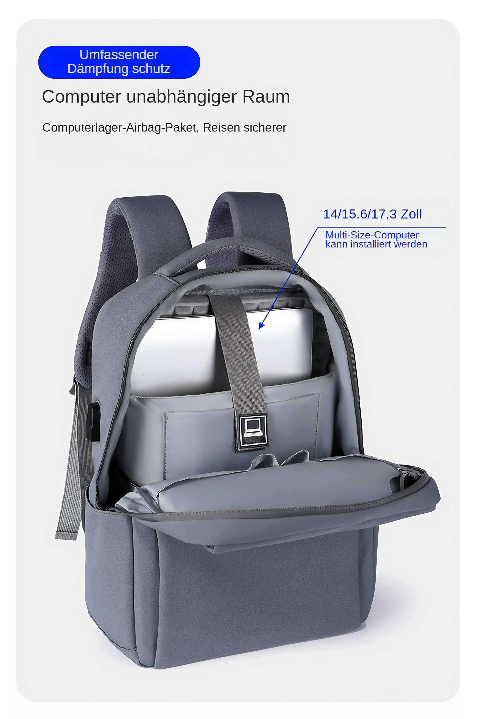 Grauer Rucksack mit offenen Fächern, die Laptop-Aufbewahrung zeigen. Text in Deutsch und Englisch.