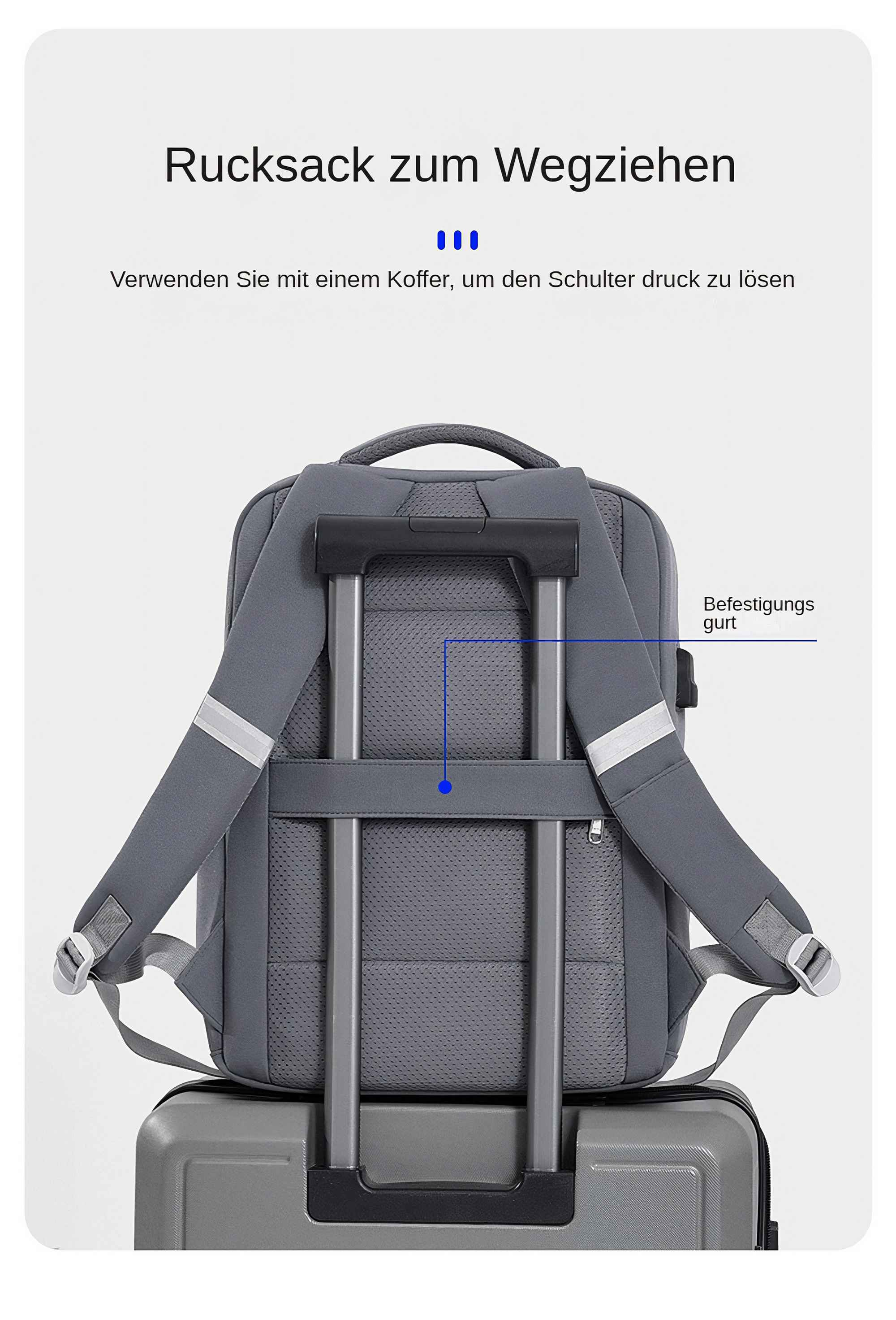 Ein grauer Rucksack ist an einem grauen Koffer befestigt. Der Text lautet 'Rucksack zum Wegziehen'.