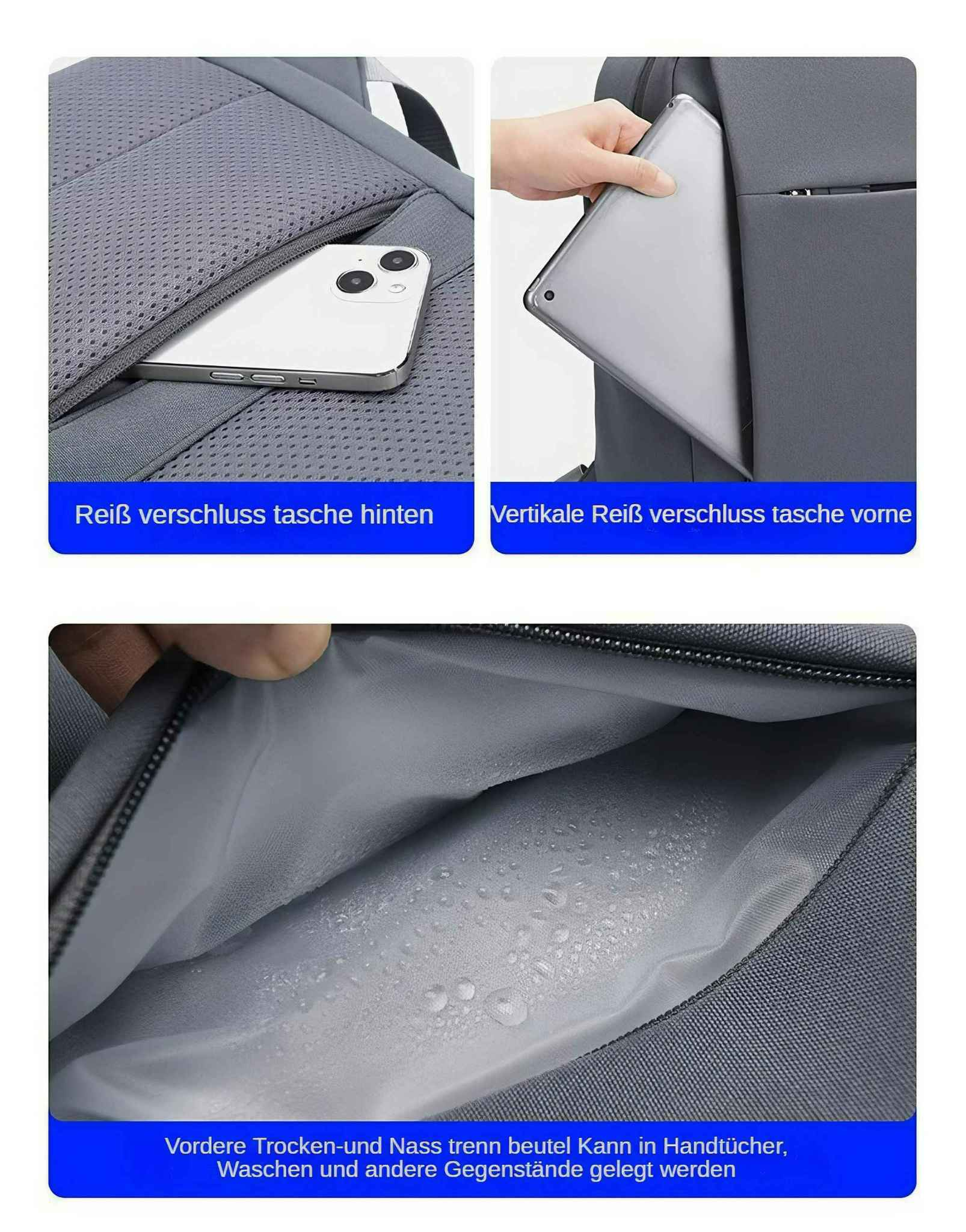 Das Bild zeigt einen Rucksack mit einem Telefon in einer Tasche, einem Tablet in einer anderen und einem Fach für nasse Gegenstände.
