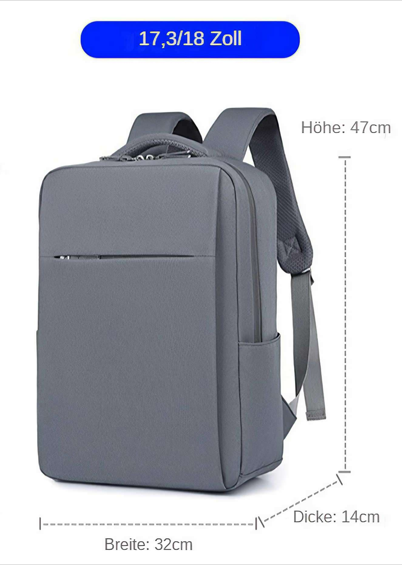 Grauer Rucksack mit den Maßen: 47 cm Höhe, 32 cm Breite und 14 cm Dicke. Mit Fronttasche und Schultergurten.