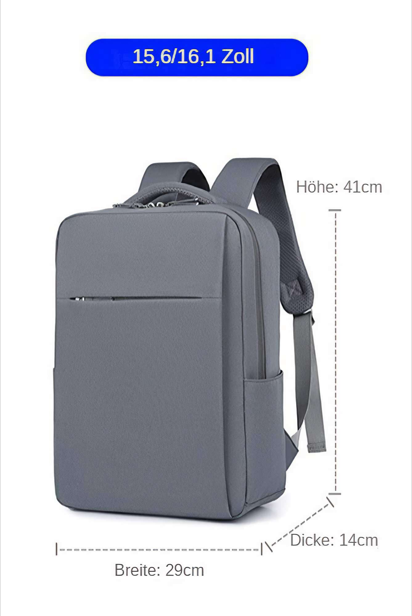 Grauer Rucksack mit Maßangaben. Enthält Höhen-, Breiten- und Tiefenmessungen. Blaues Banner oben zeigt Bildschirmgrößen an.