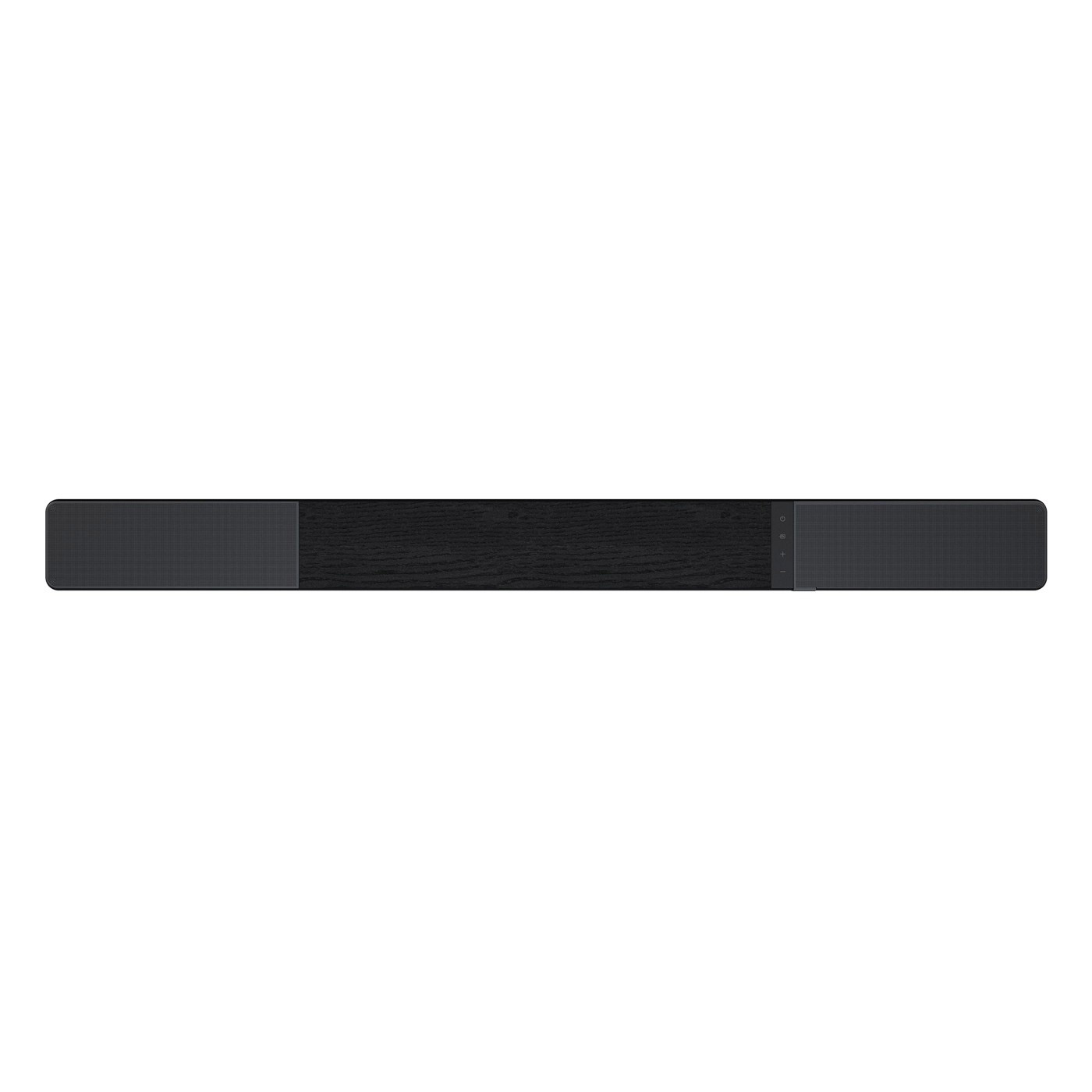 Eine schwarze Soundbar auf weißem Hintergrund. Sie hat eine dunkle Holzplatte in der Mitte, mit Mesh und Bedienelementen an den Seiten.