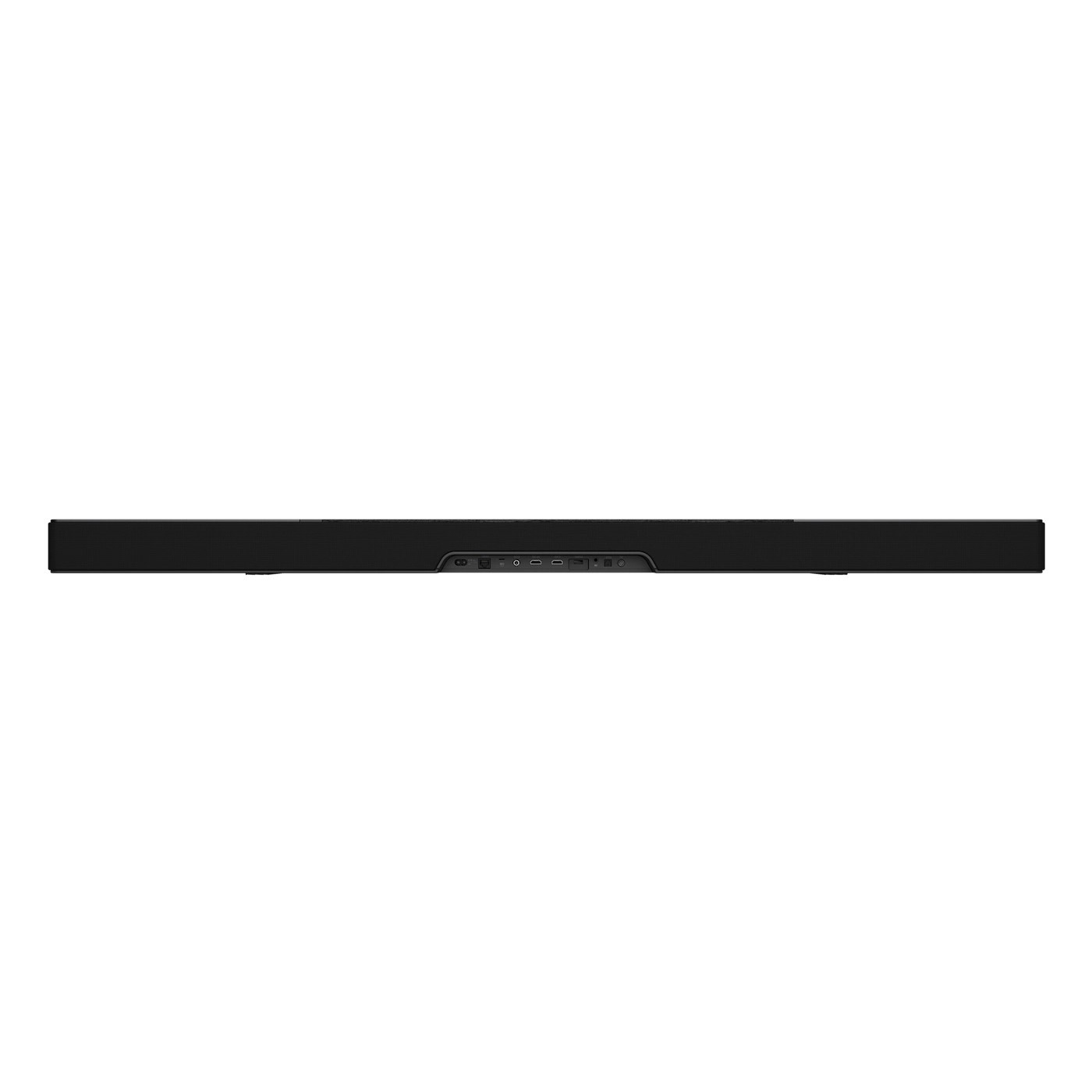 Eine lange, schwarze Soundbar ist vor einem schlichten weißen Hintergrund zentriert. Auf der Rückseite des Geräts sind mehrere Anschlüsse sichtbar.