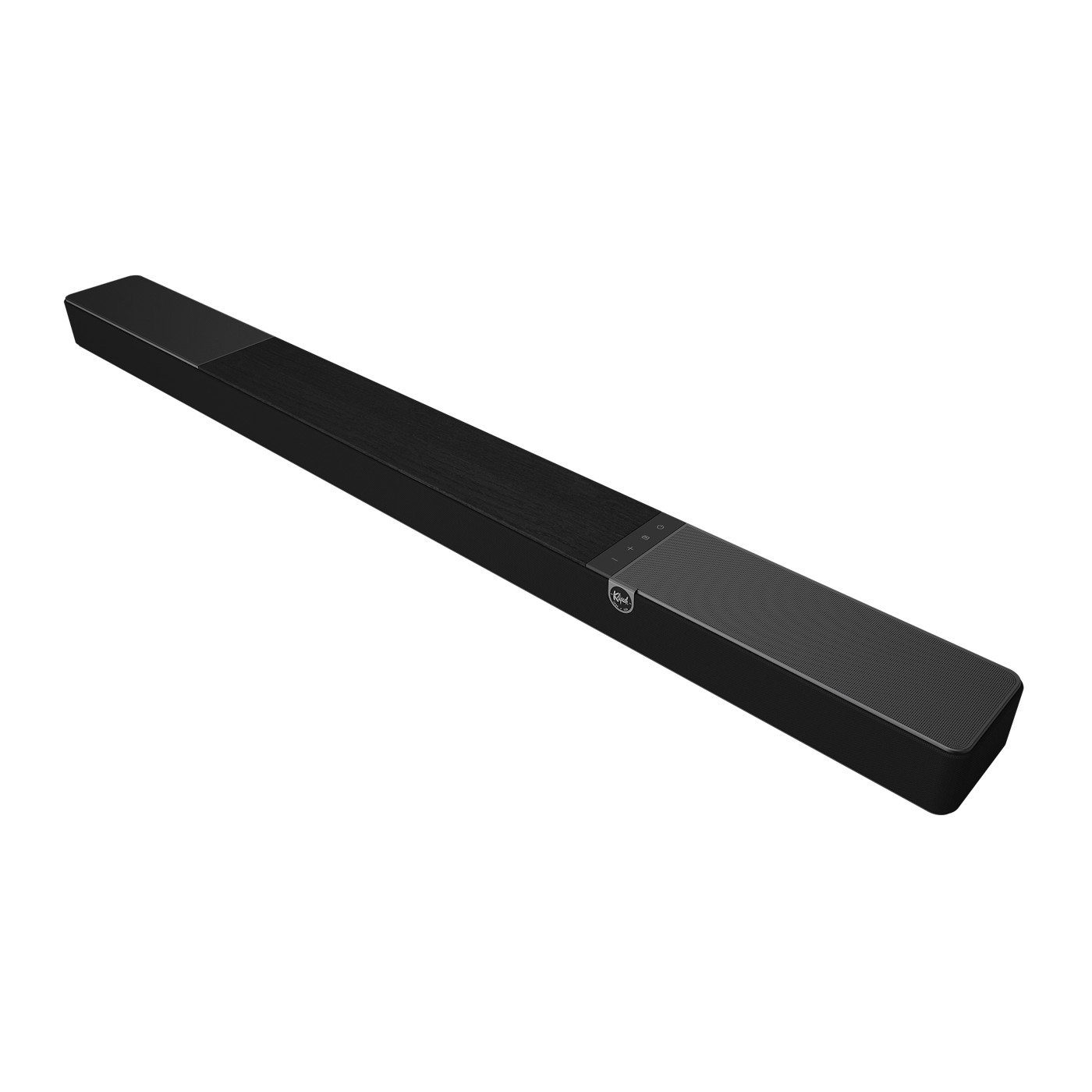 Eine schwarze Soundbar auf weißem Hintergrund. Sie hat einen Abschnitt mit dunkler Holzmaserung und einen Mesh-Lautsprecherbereich. Das Klipsch-Logo ist sichtbar.