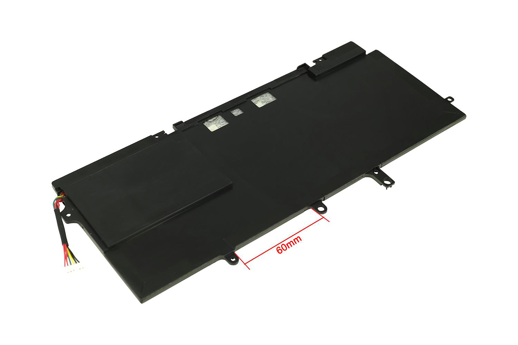 Batteria nera per laptop con filo e cavi colorati. L'immagine mostra anche una misura di 60 mm.
