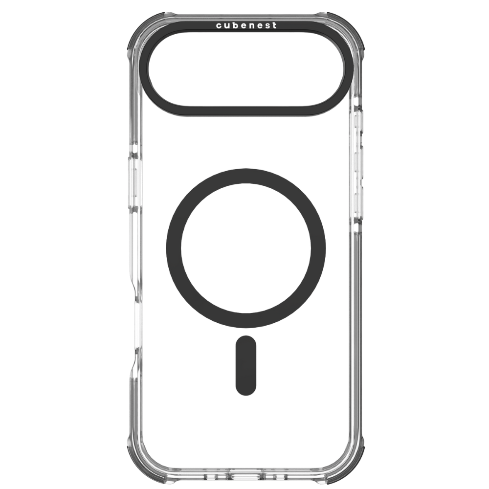 Una custodia trasparente per telefono con dettagli neri. Ha un ritaglio per la fotocamera e un cerchio magnetico con una linea sotto. Il marchio 'cubenest' è visibile.