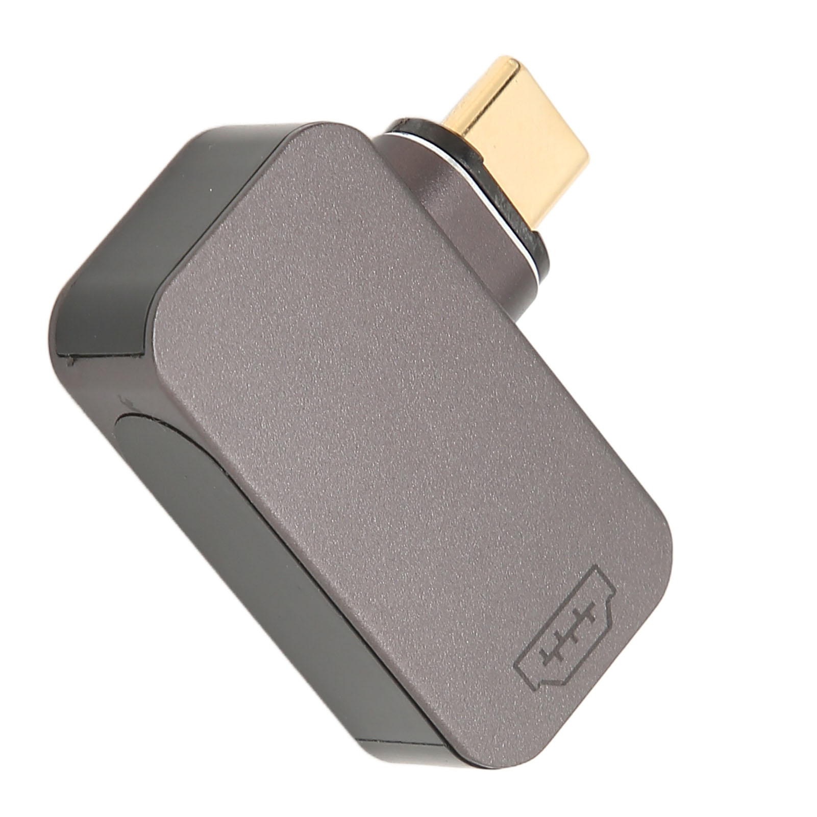 Ein abgewinkelter Adapter mit einem goldenen USB-C-Anschluss. Der Adapter ist grau und hat ein USB-Anschluss-Symbol.