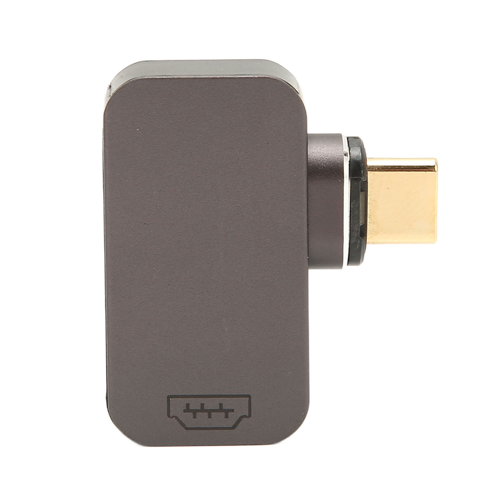 Ein grauer HDMI-Adapter mit goldfarbenem Stecker auf weißem Hintergrund, mit HDMI-Logo.