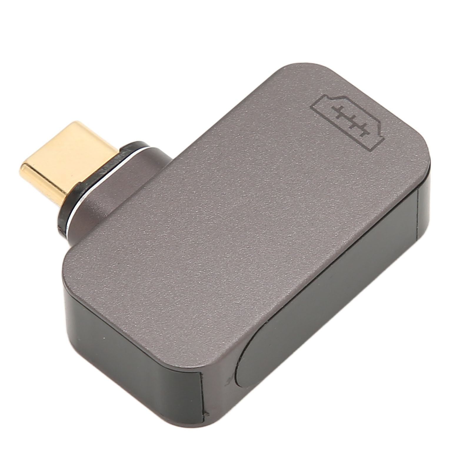 Ein grauer USB-C-Adapter mit goldfarbenem Stecker. Er hat ein Ports-Symbol und schwarze Akzente auf weißem Hintergrund.