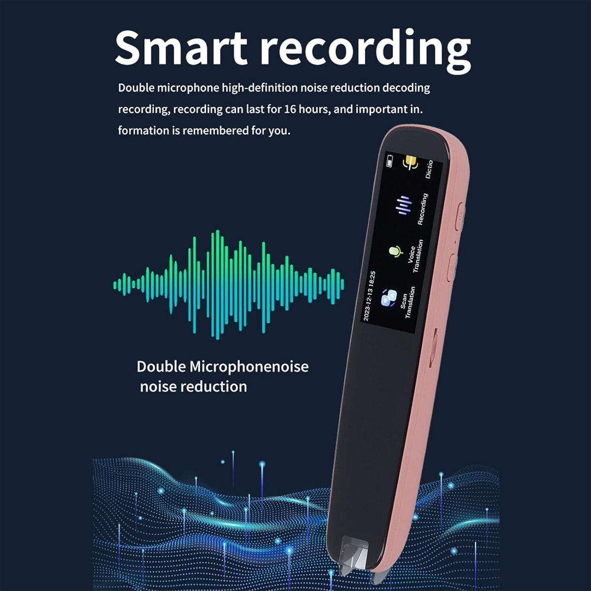 Ein roségoldenes Aufnahmegerät mit Bildschirm und Knöpfen wird gezeigt. Eine Grafik der Schallwelle befindet sich links. Text sagt 'Smart Recording'.