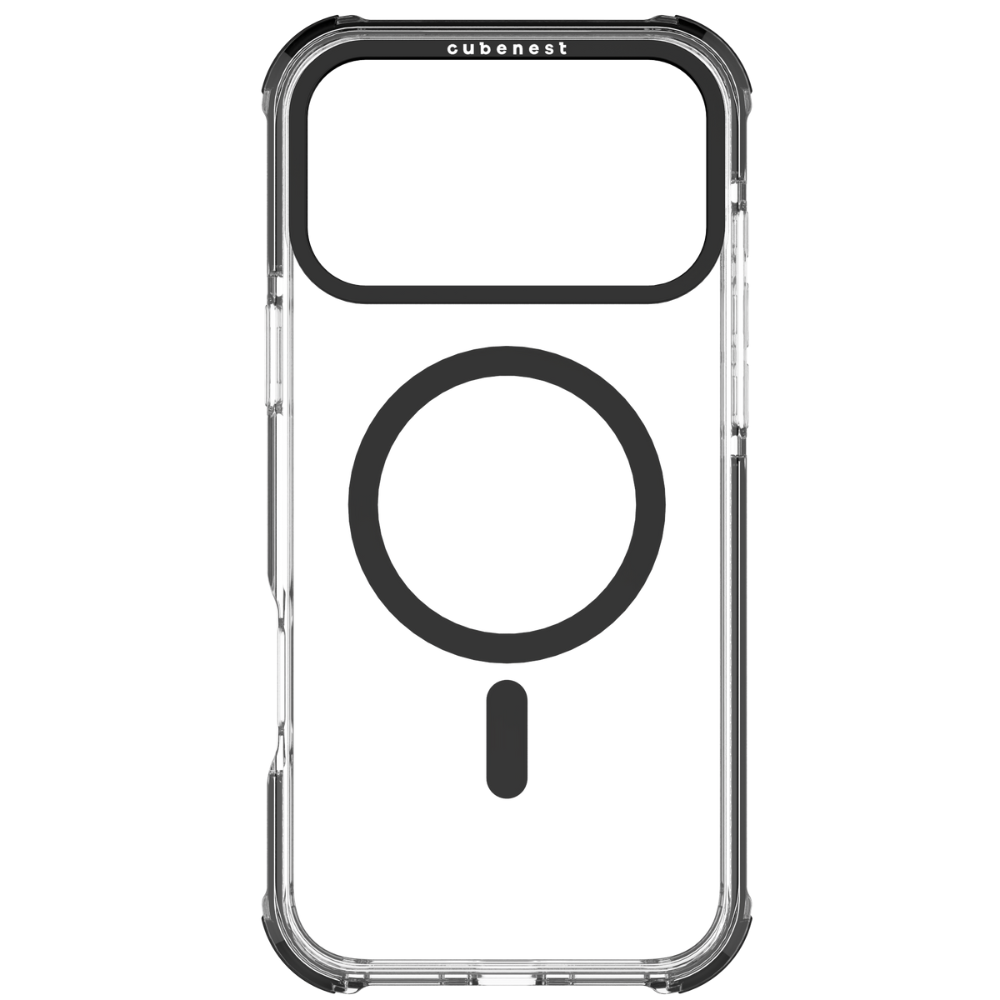 Transparente Handyhülle mit schwarzem Rahmen. Mit rundem Design und rechteckigem Ausschnitt für die Kamera.