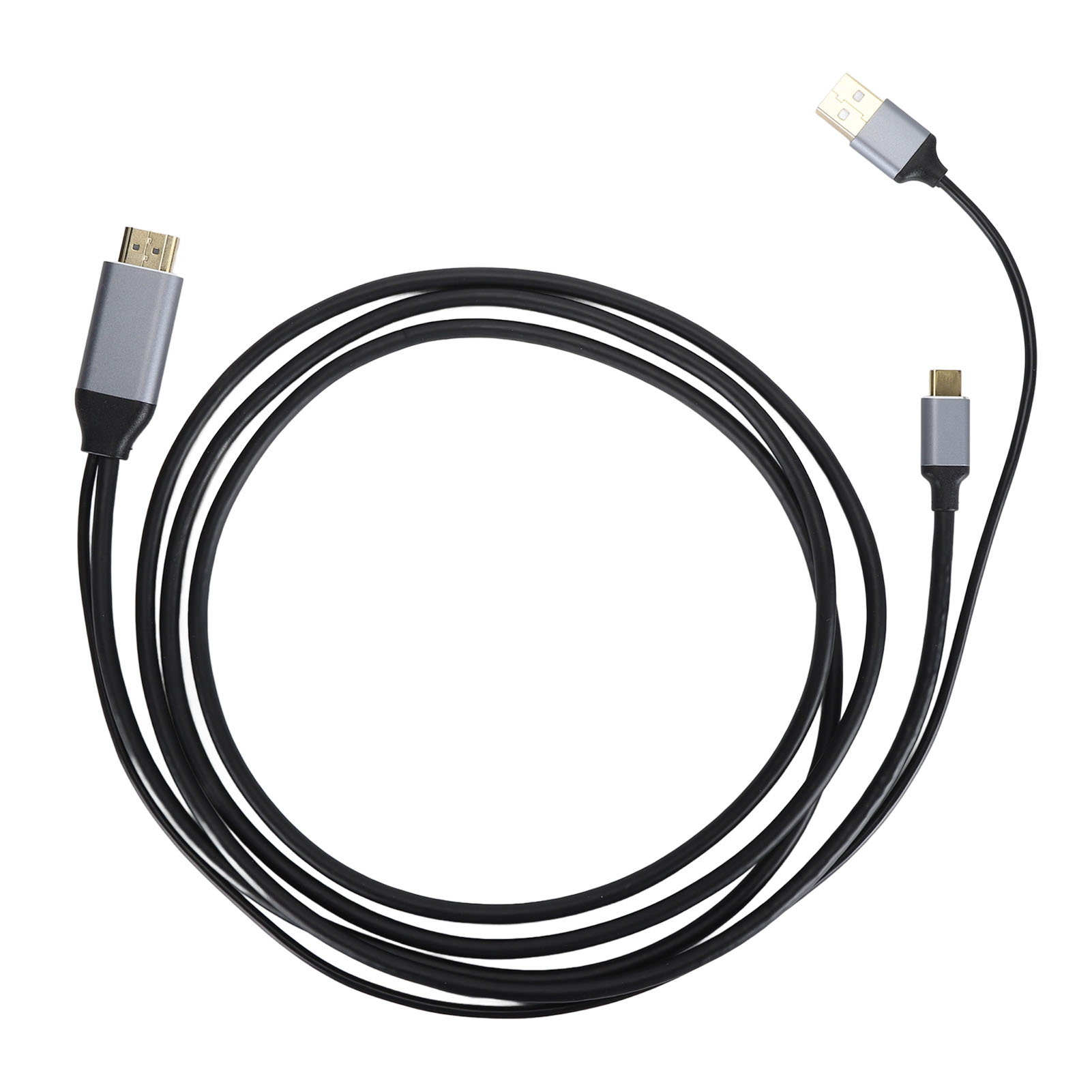 Ein HDMI-Kabel mit USB-A-, USB-C- und HDMI-Anschlüssen, schwarzes Kabel auf weißem Hintergrund.