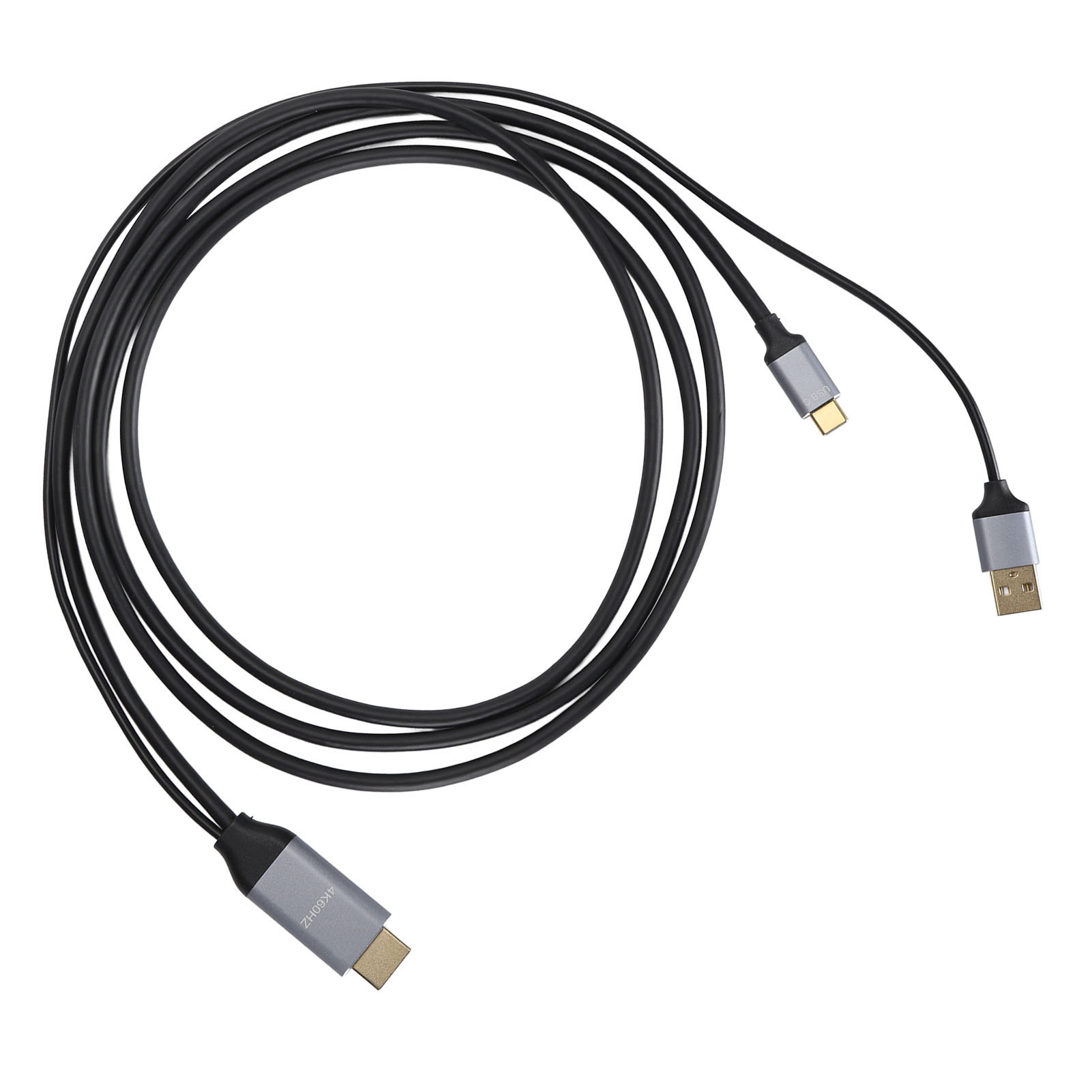 Ein schwarzes Kabel mit drei verschiedenen Anschlüssen: USB-C, USB-A und HDMI. Weißer Hintergrund.