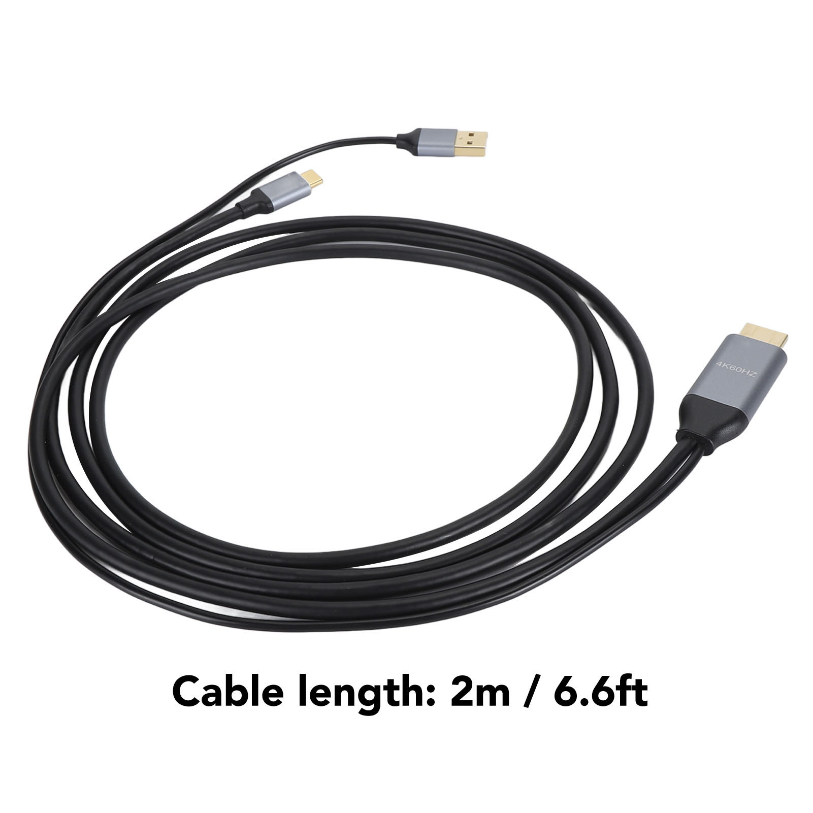Schwarzes HDMI-Kabel mit USB- und USB-C-Anschlüssen. Kabellänge 2 m/6,6 Fuß. Graue Anschlüsse mit 4K60Hz-Aufkleber.