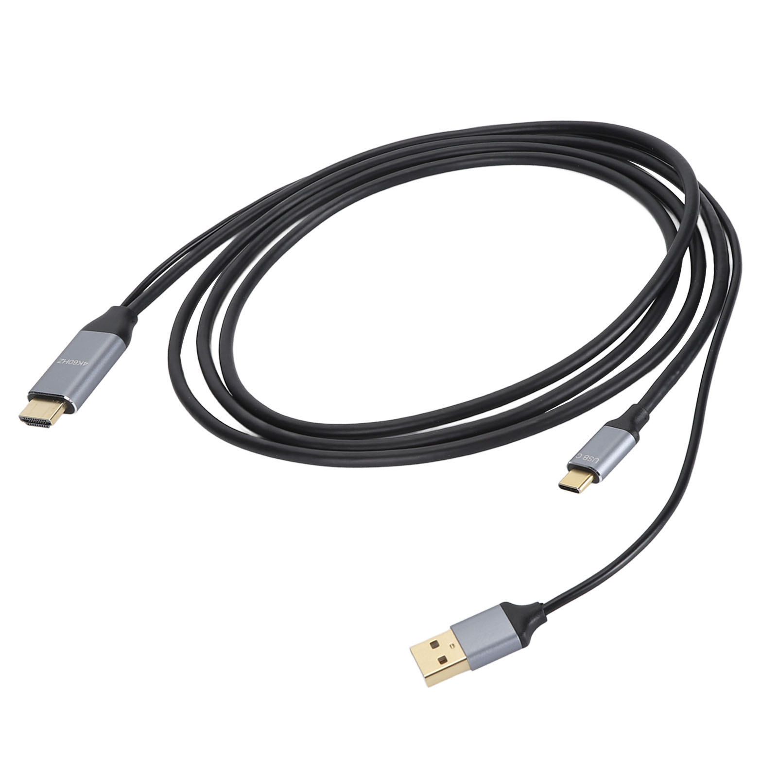 Ein schwarzes HDMI-Kabel mit USB-A- und USB-C-Anschlüssen, auf weißem Hintergrund aufgerollt. Anschlüsse sind silber und gold.