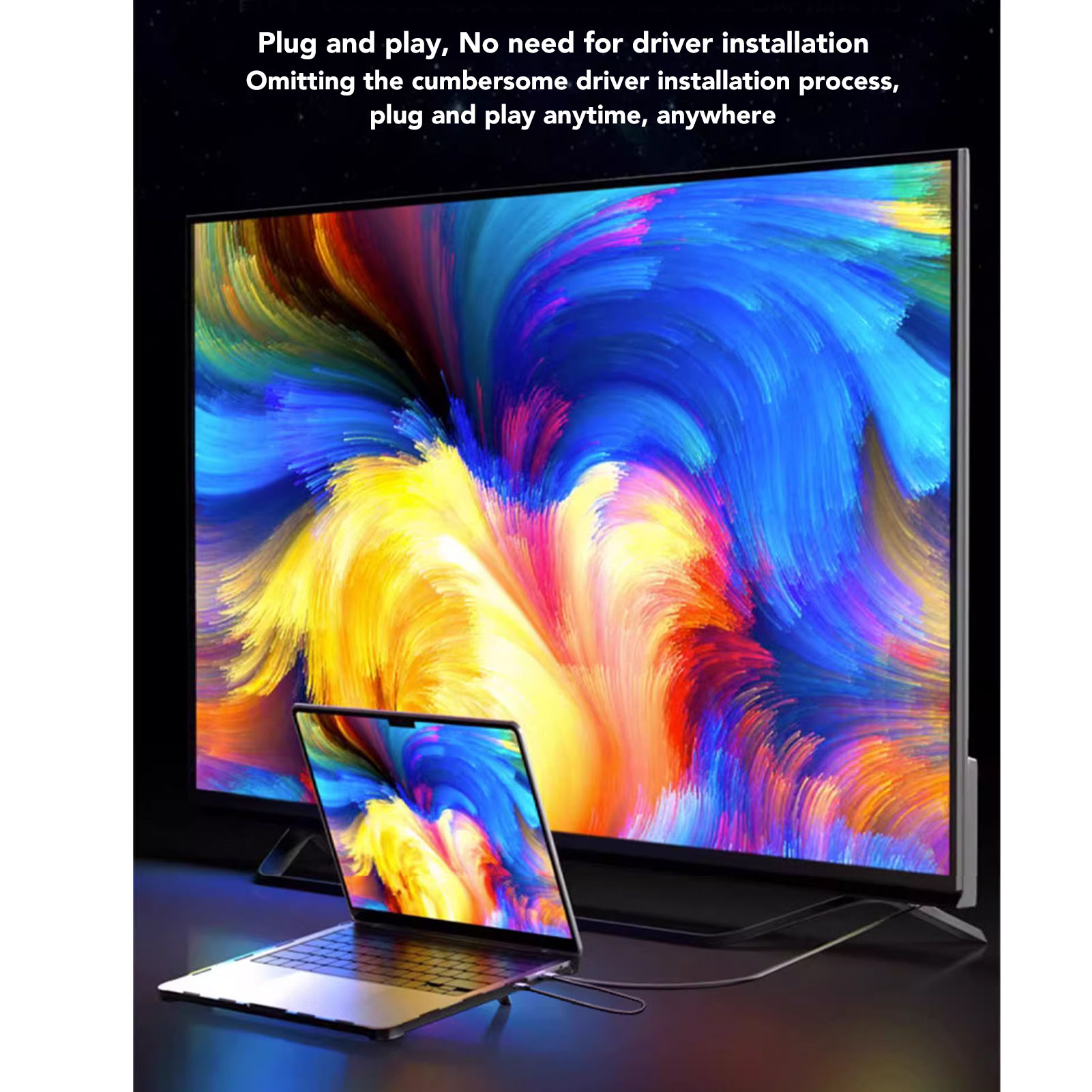 Ein Laptop ist mit einem großen Fernseher verbunden. Der Fernseher zeigt bunte, abstrakte Kunst. Text: 'Plug and play'.