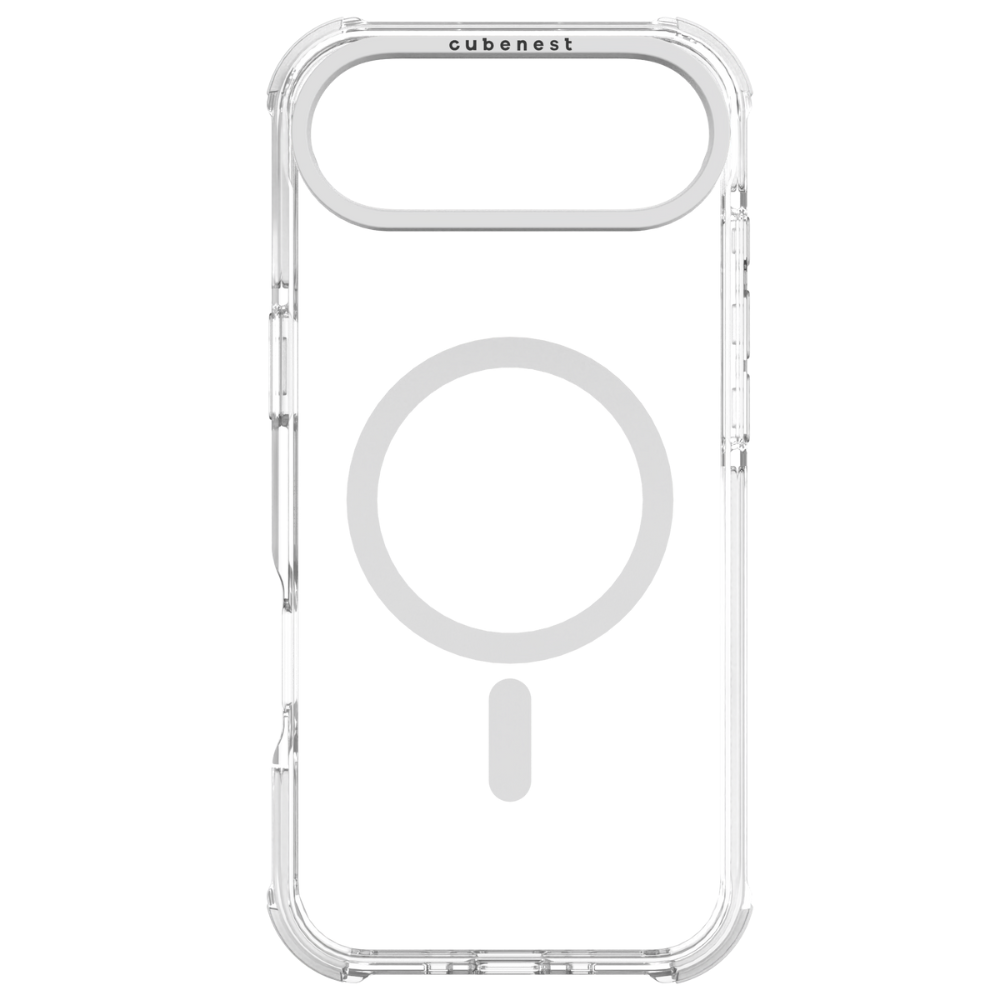 Transparente Handyhülle mit weißem MagSafe-Ring und weißer rechteckiger Form unten. Der Markenname 'cubenest' steht oben.