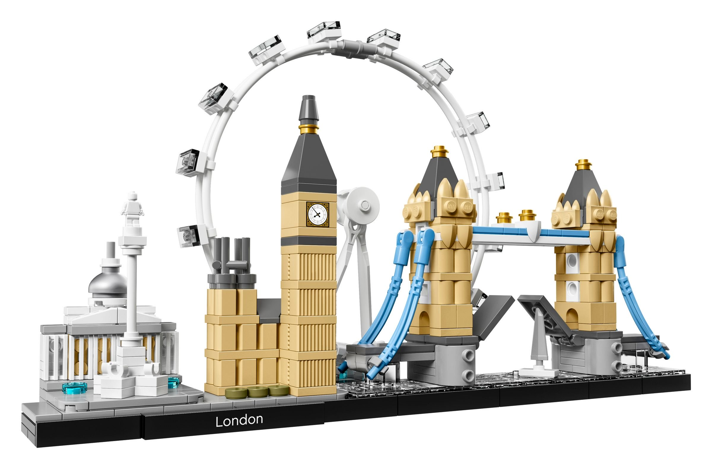 Lego-Modell von Londoner Wahrzeichen. Enthält Big Ben, London Eye, Tower Bridge. Beige, Grau, Schwarz, Weiß, Blau und Gold.
