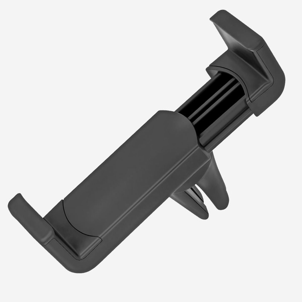 Un supporto nero per telefono da auto. Ha un corpo rettangolare con due bracci e una clip. Vista angolata, su sfondo bianco.