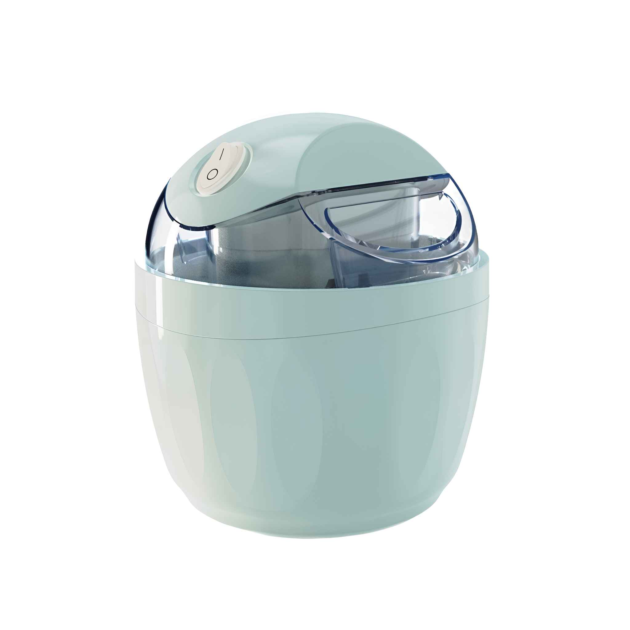 Eine hellblaue Eismaschine auf weißem Hintergrund. Sie hat einen transparenten Deckel und einen Ein-/Ausschalter.
