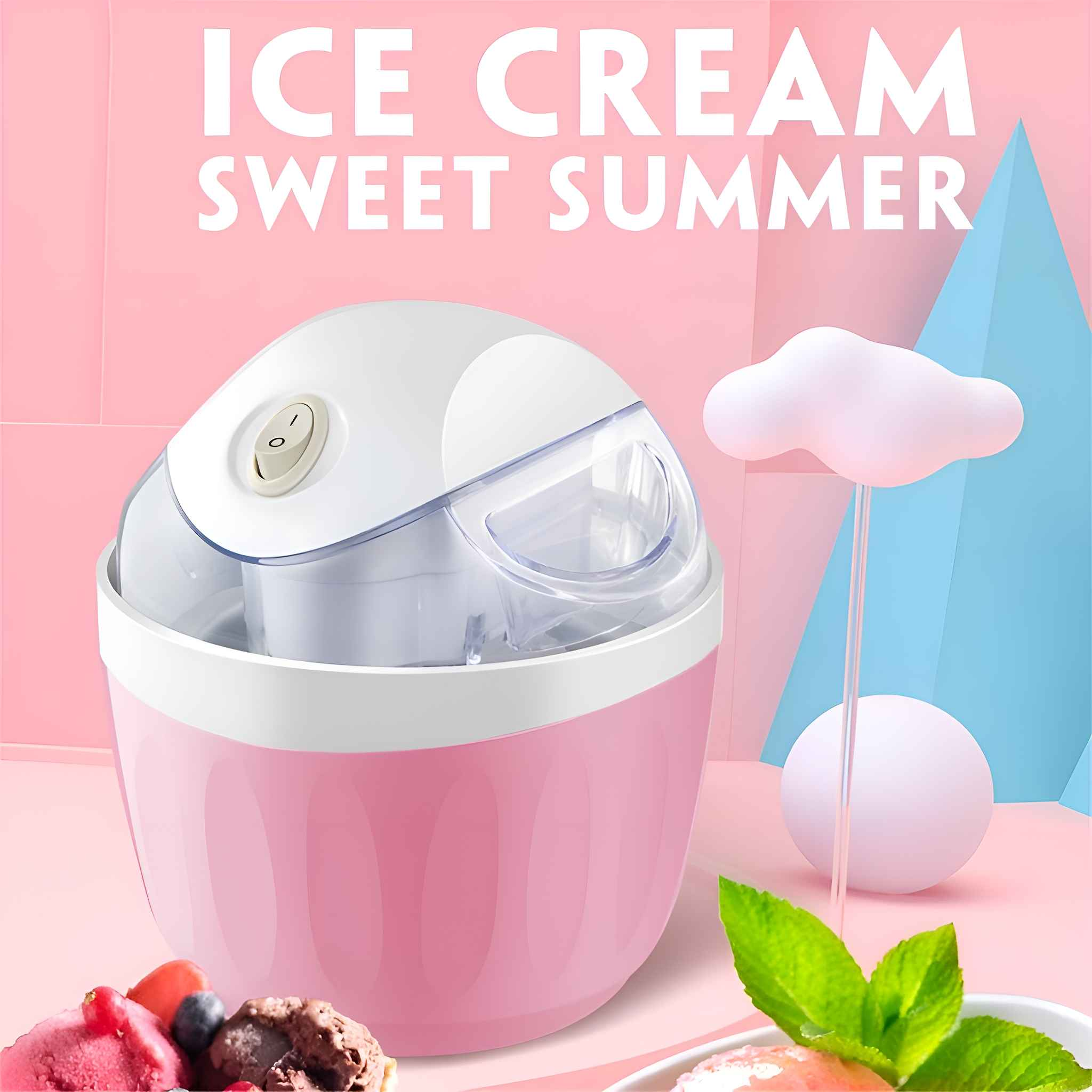 Rosa Eismaschine mit Text 'ICE CREAM SWEET SUMMER'. Wolken- und Kugel-Requisiten, Eiscreme-Portionen und Minzblätter sichtbar.