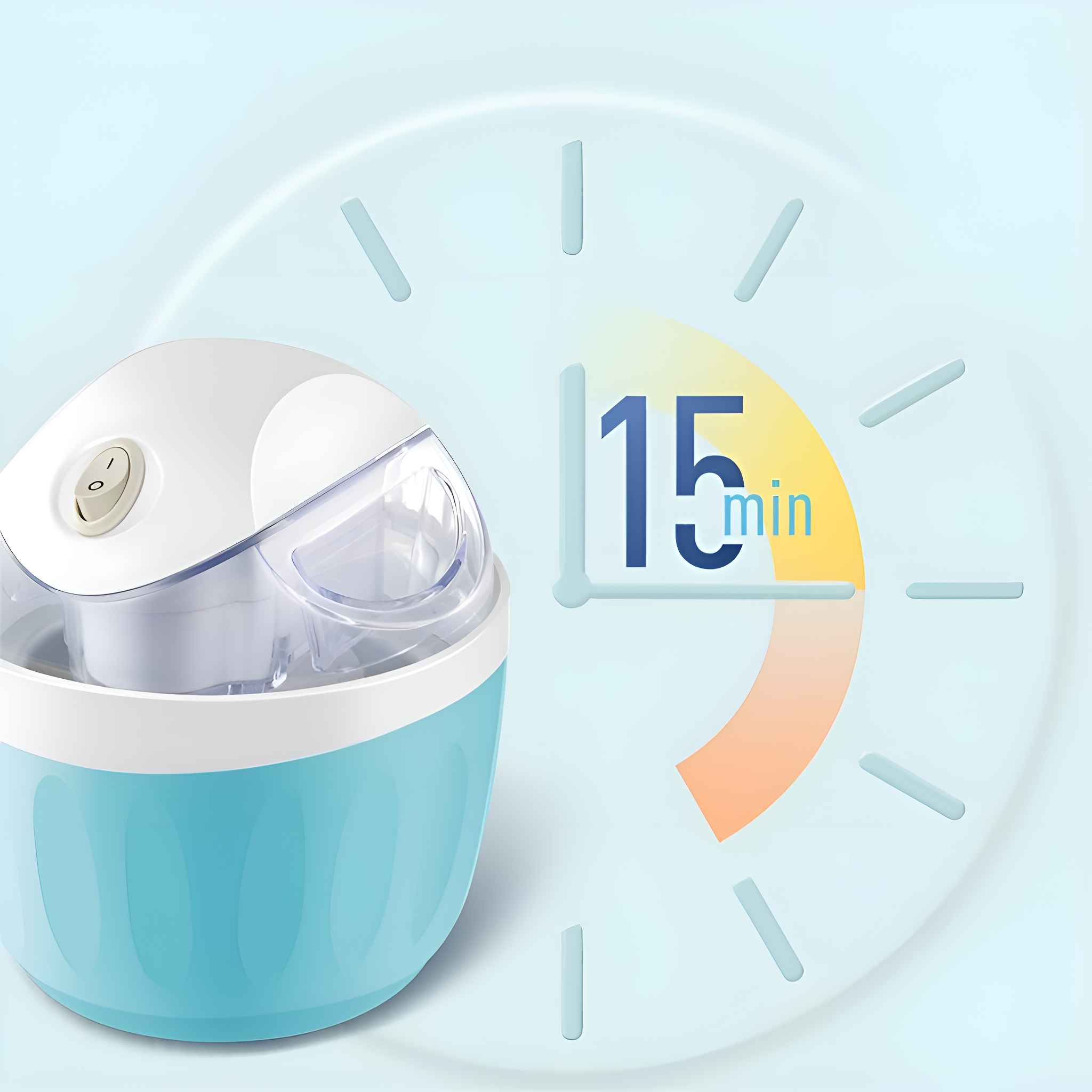 Eine Eismaschine mit 15-Minuten-Timer. Die Maschine ist blau und weiß, vor einem Zifferblatt auf hellblauem Hintergrund.