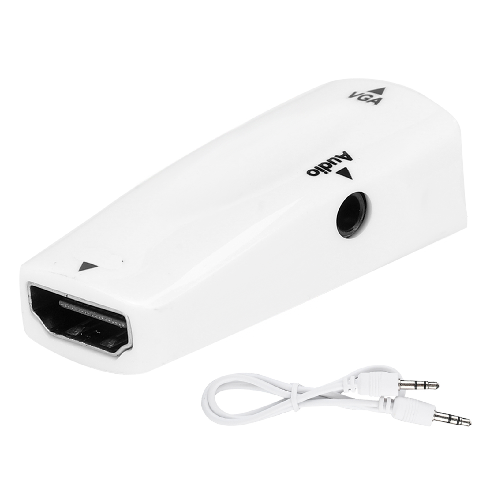 Ein weißer HDMI-zu-VGA-Adapter mit Audioanschluss und Kabel. Der Adapter hat einen schwarzen Anschluss und zwei weiße Audiobuchsen.