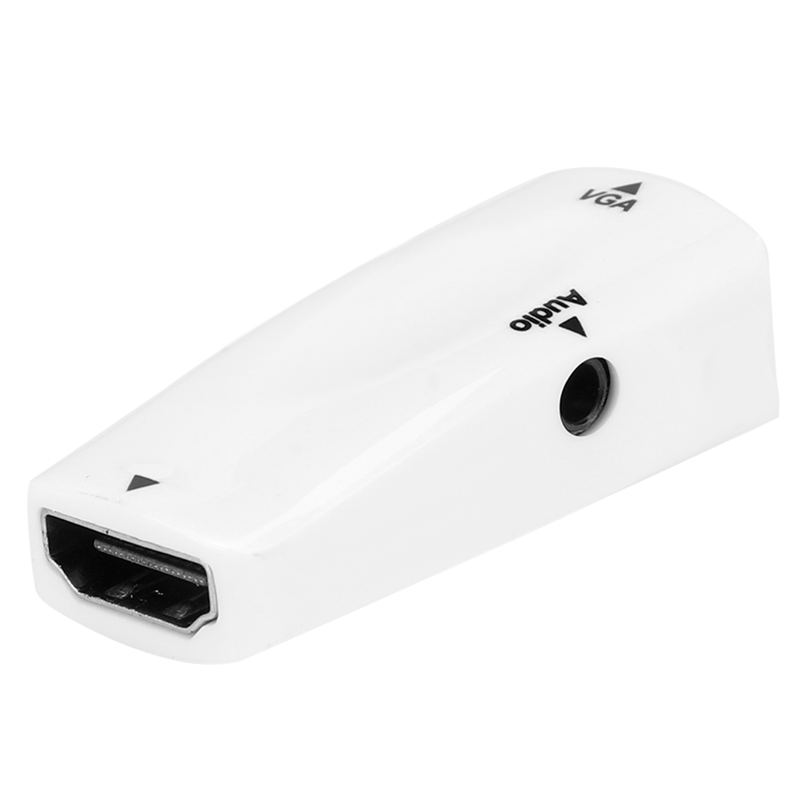 Ein weißer HDMI-zu-VGA-Adapter. Er hat einen Anschluss, eine 3,5-mm-Audiobuchse und die Aufschriften 'VGA' und 'Audio'.