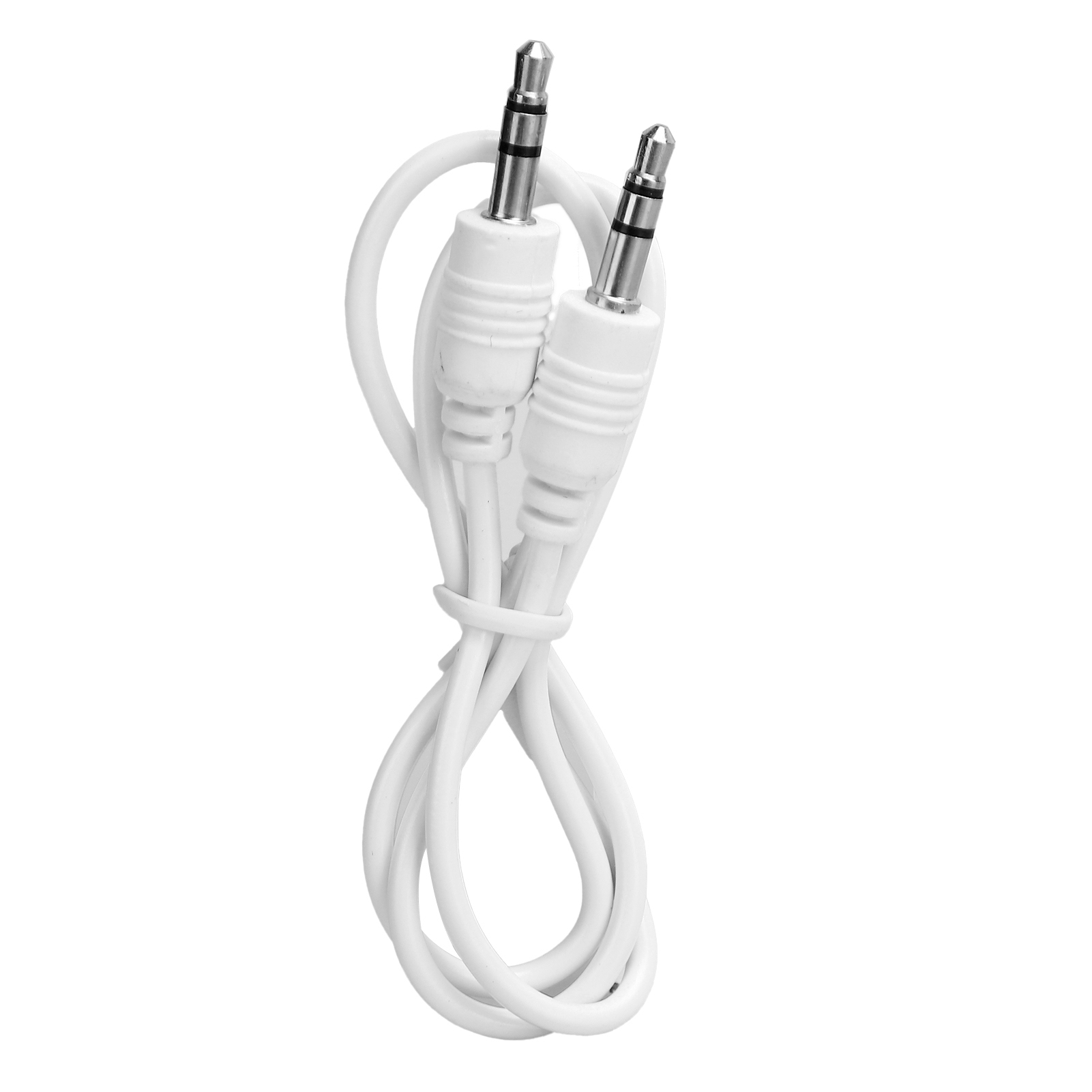 Zwei weiße Audiokabel mit silbernen Steckern, auf weißem Hintergrund zusammengekräuselt.