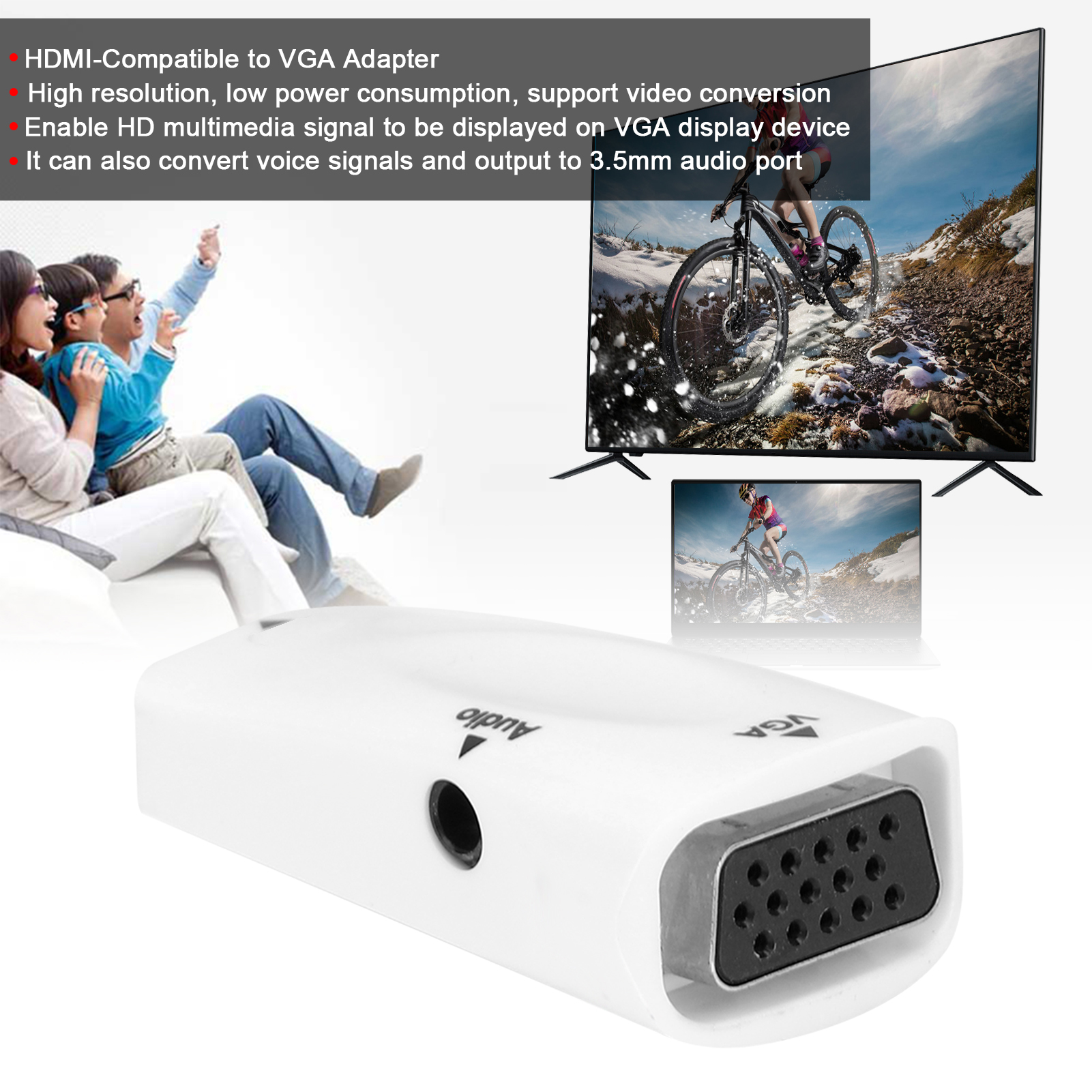 Weißer HDMI-zu-VGA-Adapter mit Audioanschluss und VGA-Anschluss. Personen blicken nach oben. Fernseher zeigt Radfahrer.