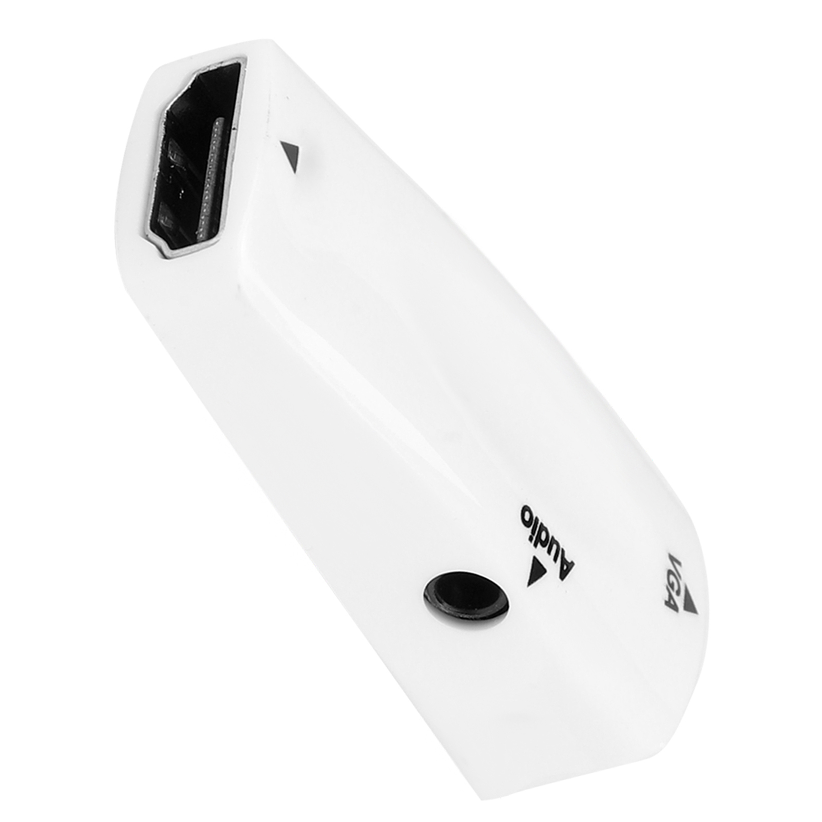 Ein weißer HDMI-zu-VGA-Adapter. Er hat einen HDMI-Anschluss und einen schwarzen Audioanschluss, mit VGA-Label, auf weißem Hintergrund.