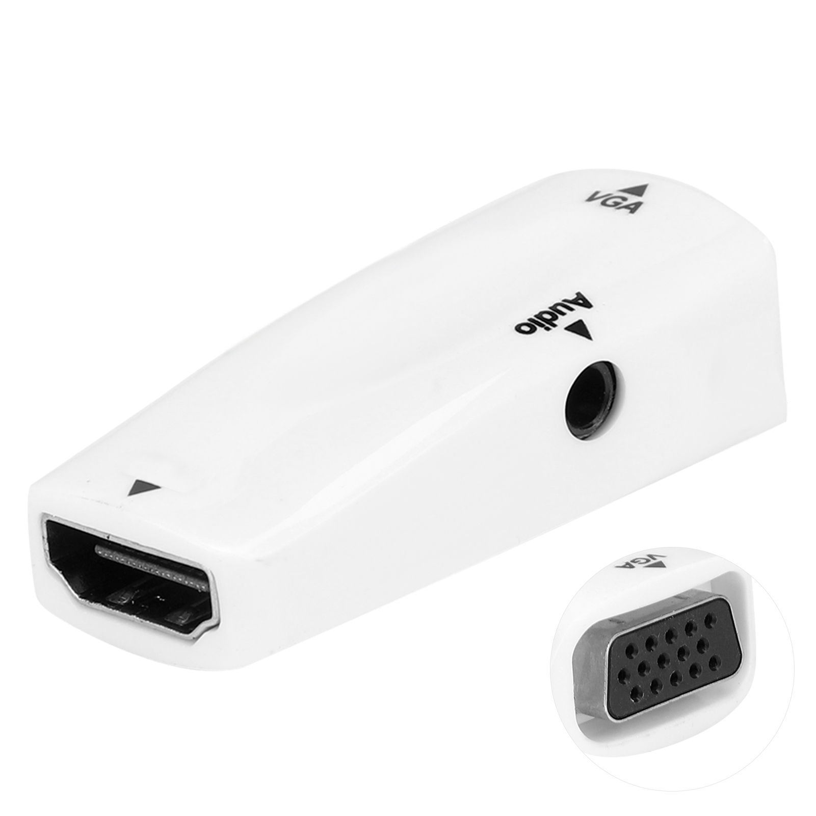 Weißer HDMI-zu-VGA-Adapter. Er hat einen HDMI-Eingang, einen VGA-Ausgang und einen Audioanschluss. Eine Nahaufnahme zeigt den VGA-Anschluss.
