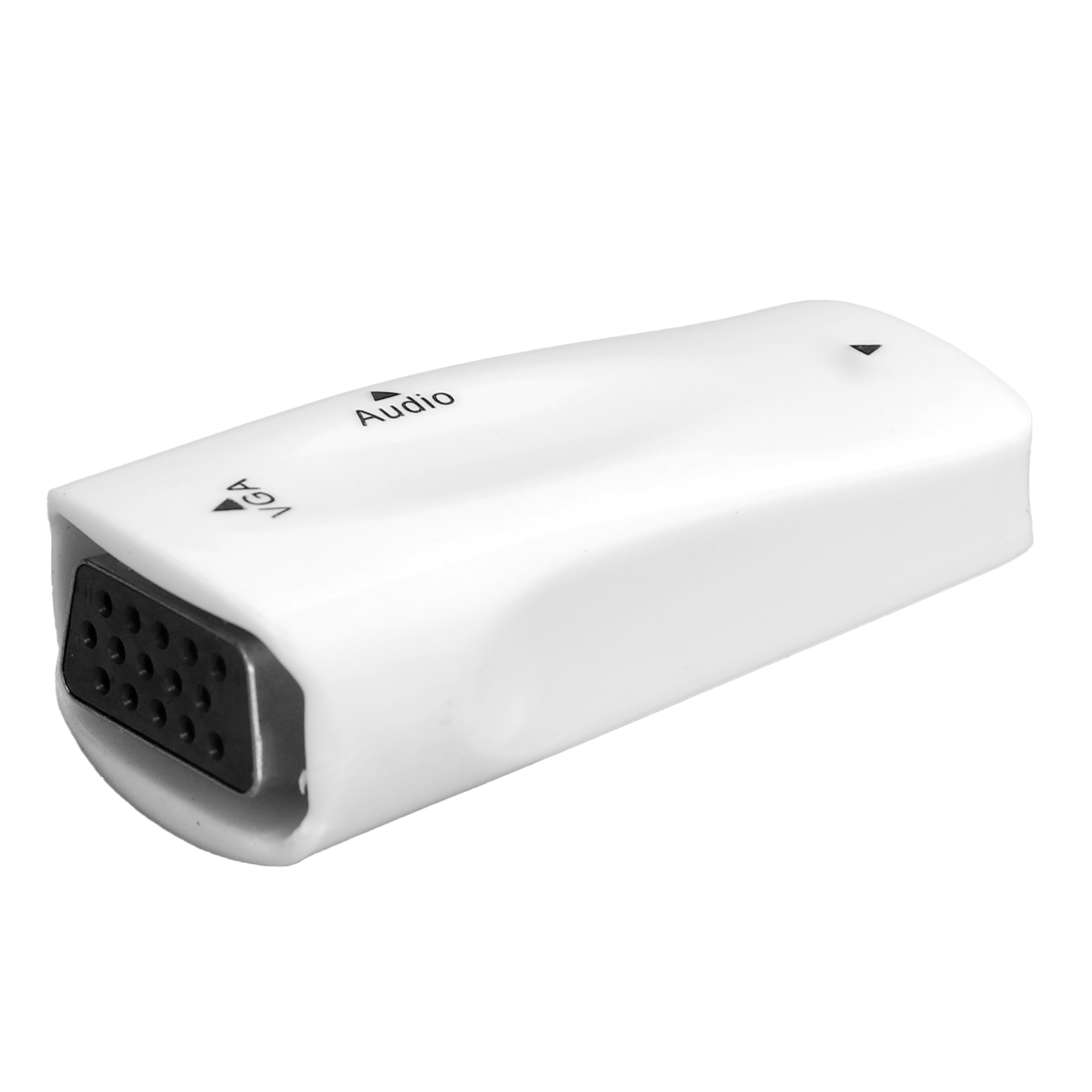 Ein weißer VGA-zu-Audio-Adapter. Er hat einen schwarzen VGA-Anschluss und ein schwarzes Dreieck mit den Texten 'VGA' und 'Audio'.