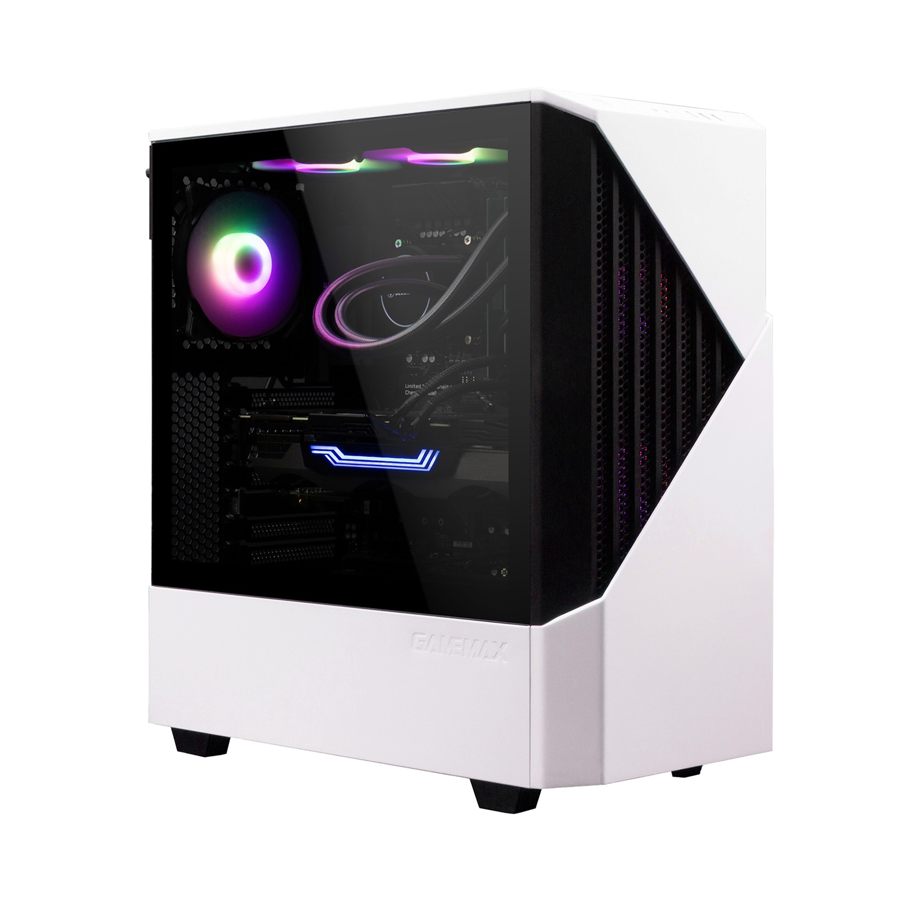 Weißes PC-Gehäuse mit Glasseitenwand. Innen befinden sich ein leuchtender Lüfter und blaues Licht, das Gehäuse hat schwarze Akzente.