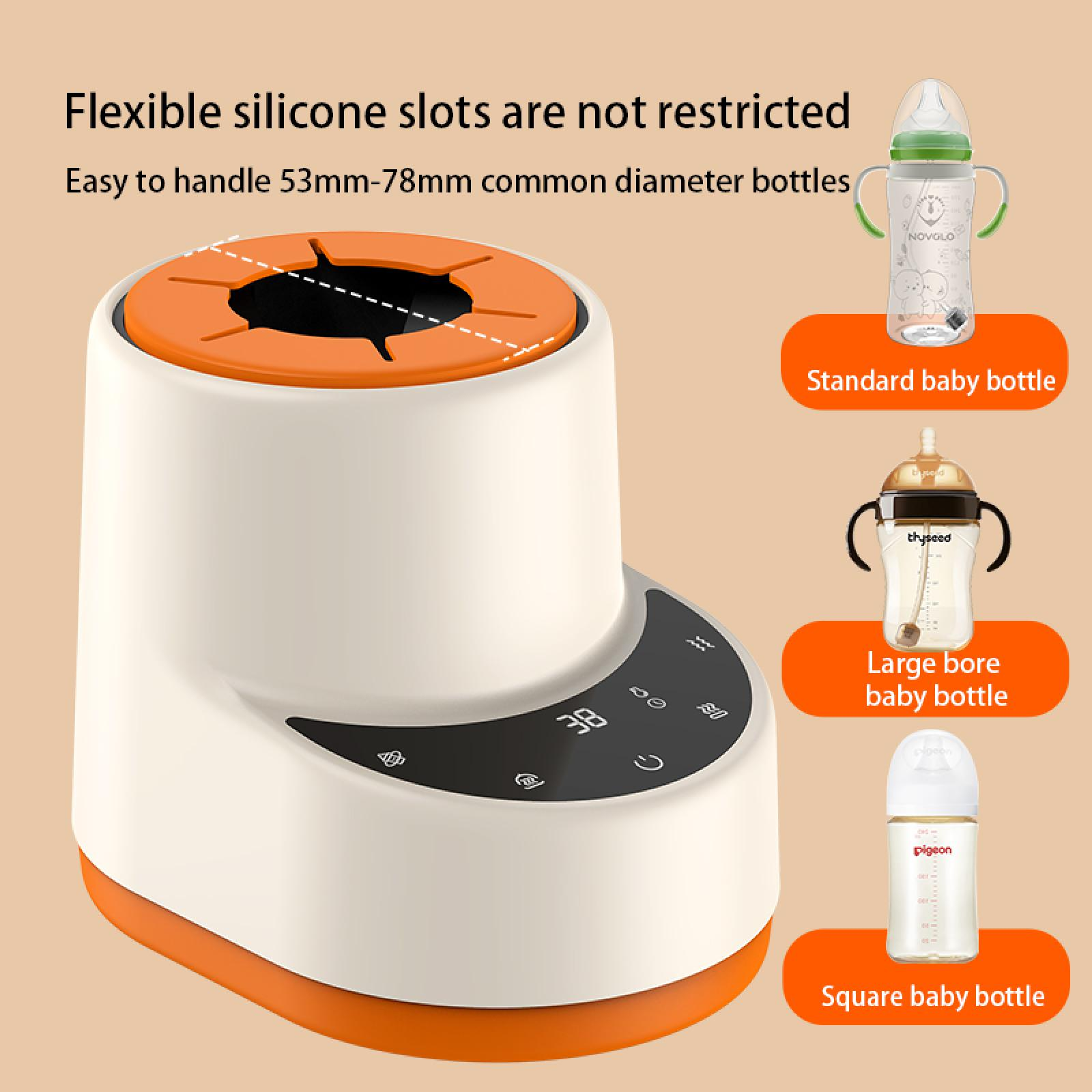 Ein orange-weißer Babyflaschenwärmer mit drei verschiedenen Flaschentypen. Text: Flexible Silikonschlitze sind nicht eingeschränkt.