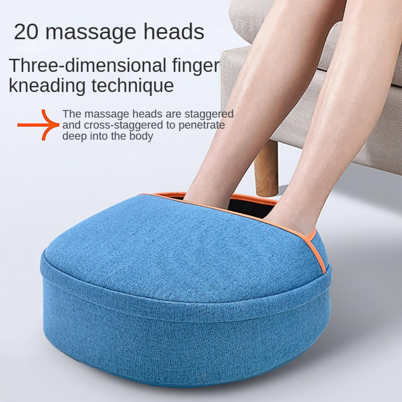 Ein Fußmassagegerät mit Füßen darin. Das Gerät ist blau mit orangefarbener Umrandung. Text über Massagetechnik steht oben.