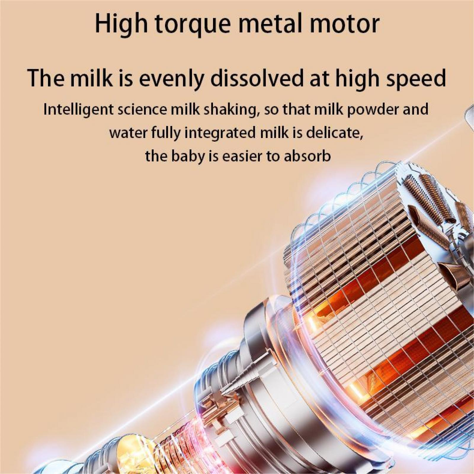 Nahaufnahme eines Motors mit Text über das Auflösen von Milch. Der Motor ist silber und kupferfarben. Der Hintergrund ist hellbraun.