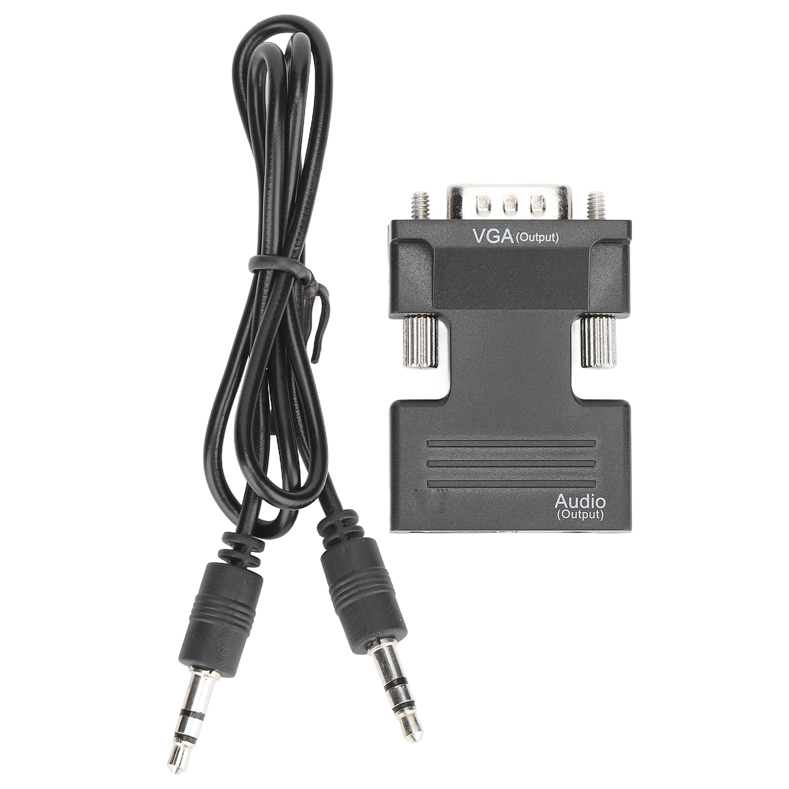 Schwarzer VGA-zu-Audio-Adapter mit schwarzem Kabel. Der Adapter ist mit 'VGA (Ausgang)' und 'Audio (Ausgang)' beschriftet.