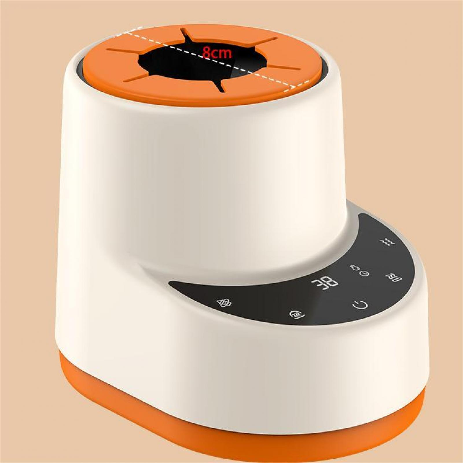Ein weißer und orangefarbener Flaschenwärmer. Er hat ein digitales Display und Tasten. Die Oberseite ist orange mit einem Loch.