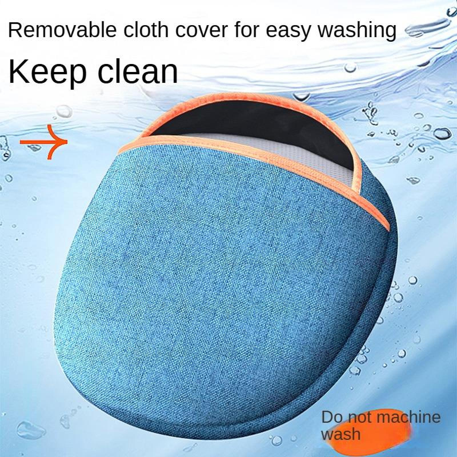 Blaues, ovales Objekt mit orangefarbener Einfassung, das im Wasser schwimmt. Text: 'Keep clean' und 'Do not machine wash'.
