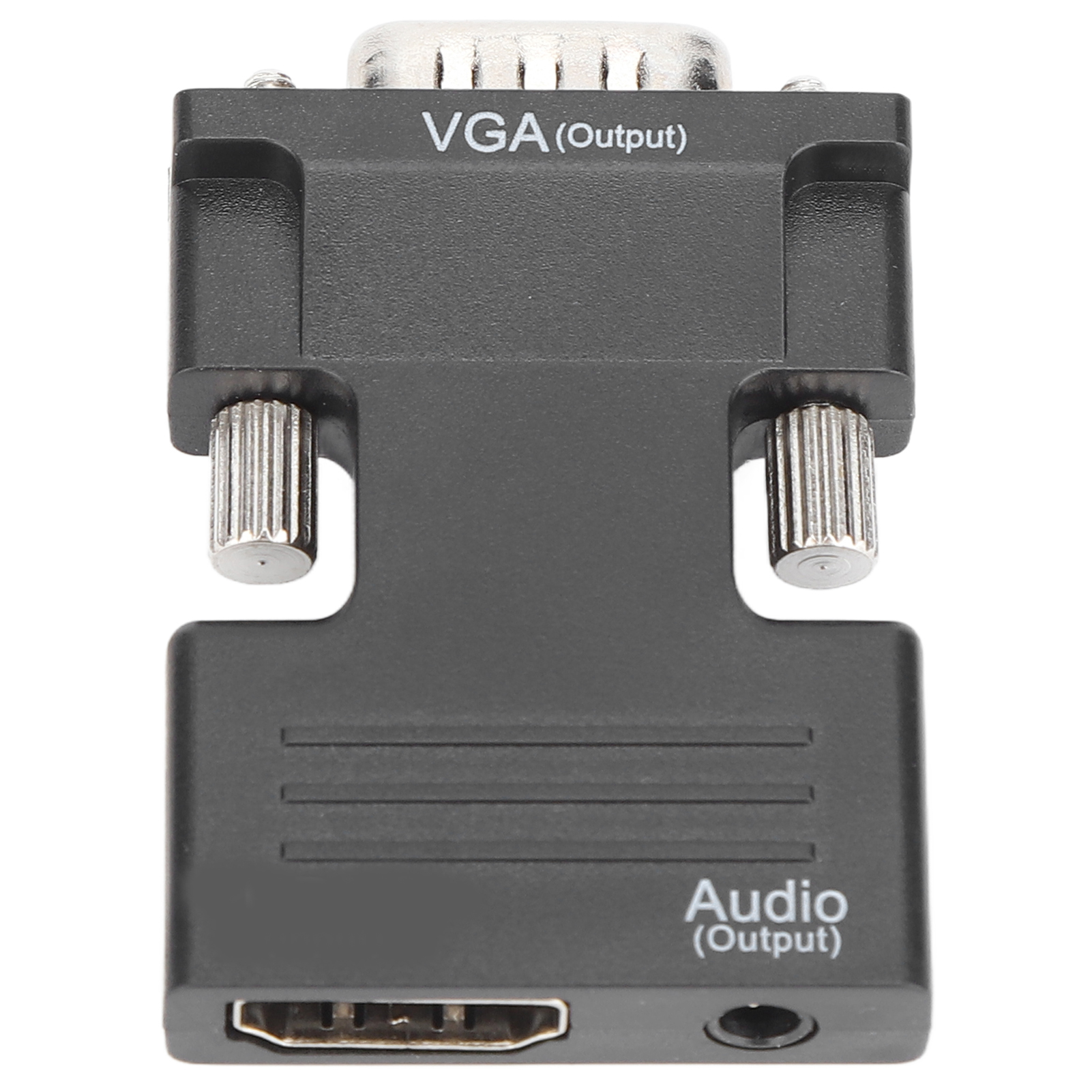 Schwarzer VGA-zu-HDMI-Adapter. Er hat einen VGA-Ausgang oben und einen Audioausgang unten. Silberschrauben sind sichtbar.