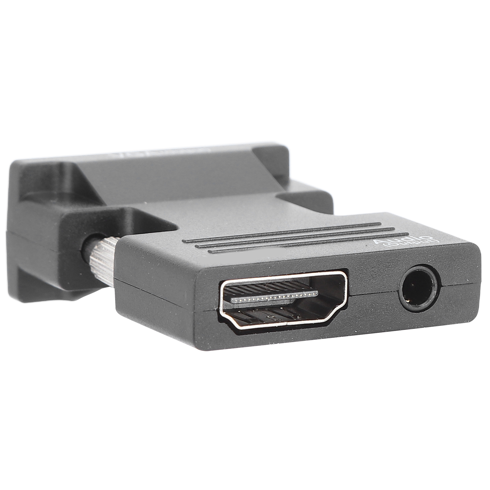Schwarzer HDMI-Adapter mit DVI-Anschluss an einem Ende und HDMI- und Audioanschlüssen am anderen Ende, auf weißem Hintergrund.