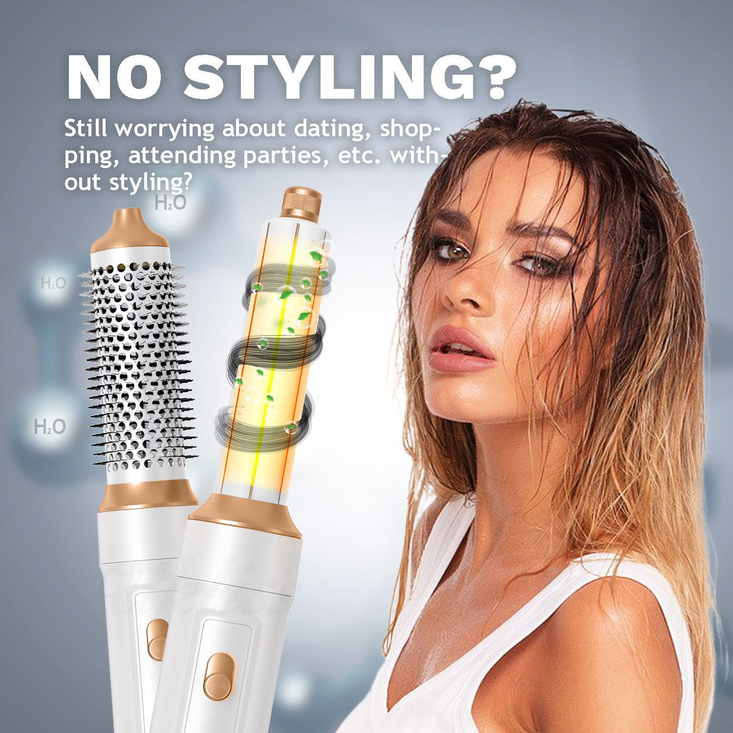 Eine Frau mit nassem Haar neben Styling-Tools. Text: KEIN STYLING? Immer noch Sorgen um Dating, Shopping usw. ohne Styling?